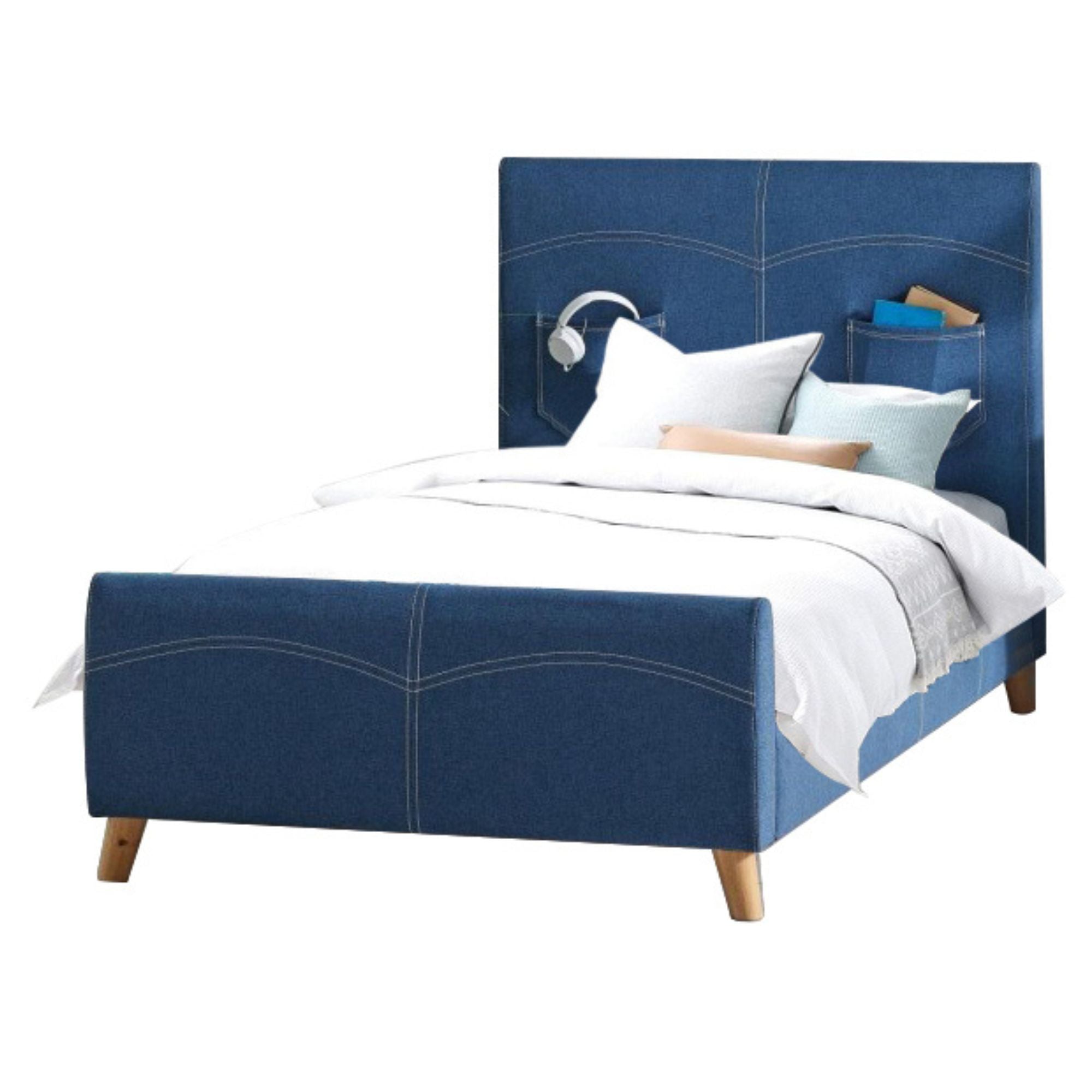 Premium Kids Single Upholstered Fabric Bed - Soft Denim Blue, Durable & Comfortable for Toddler & Children's Bedroom, Playroom or Nursery Decor