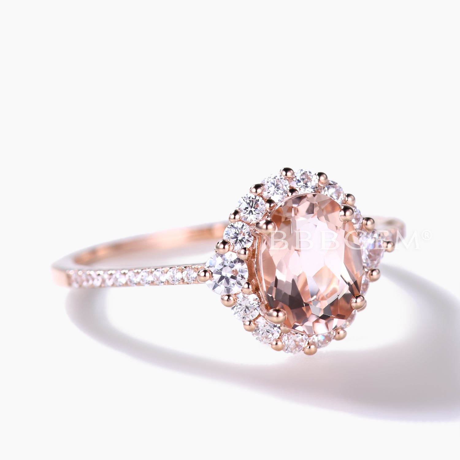 Vintage Floral 6x8mm Morganite Engagement Ring with Halo Diamond Petite Thin Band - Elegant Wedding Jewelry for Brides & Anniversary Gifts