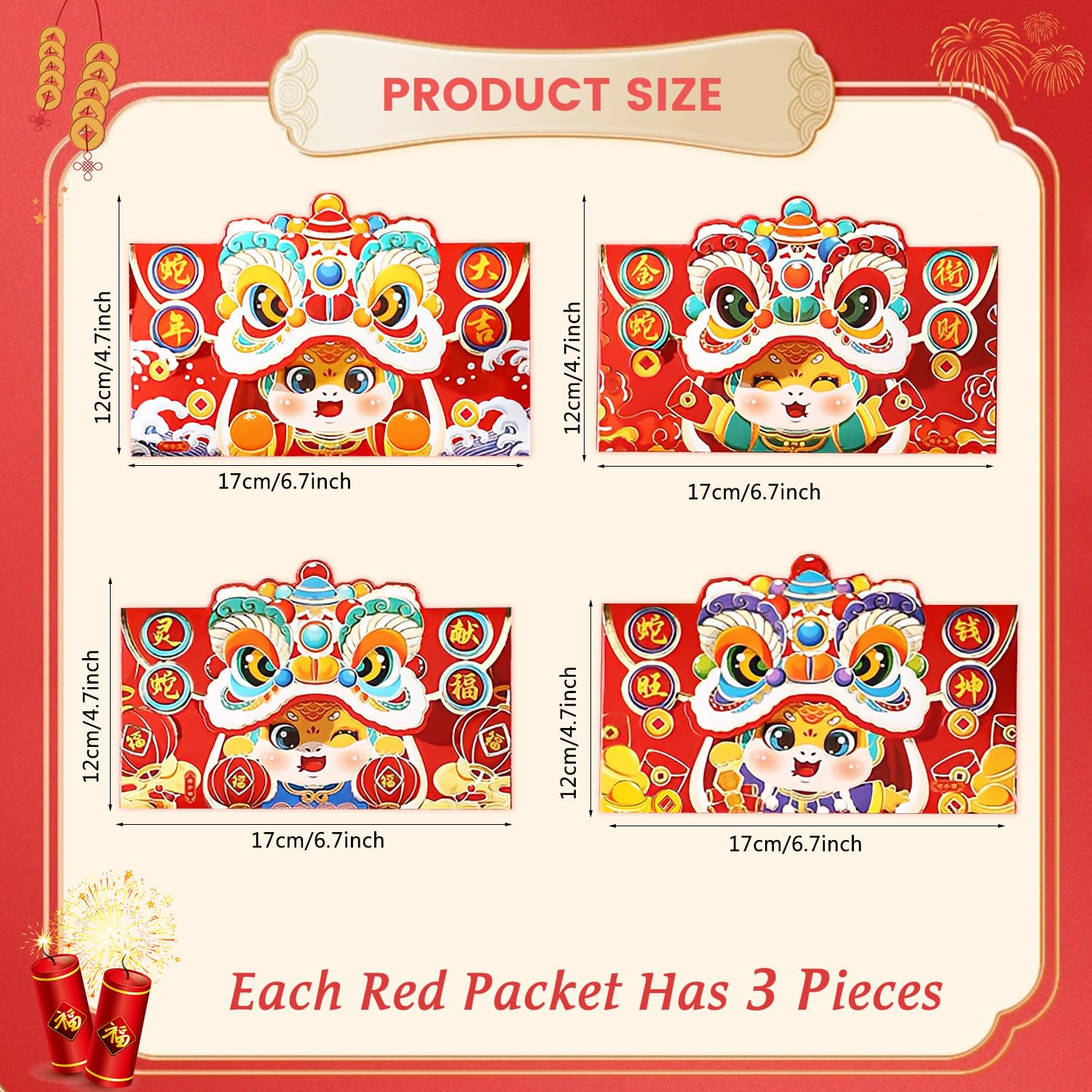 12 PCS 2025 Year of The Snake Chinese New Year Red Envelopes - Traditional Lucky Money Pockets for Lunar Spring Festival Gifts | Perfect for Blessings, Celebrations & Cultural Events