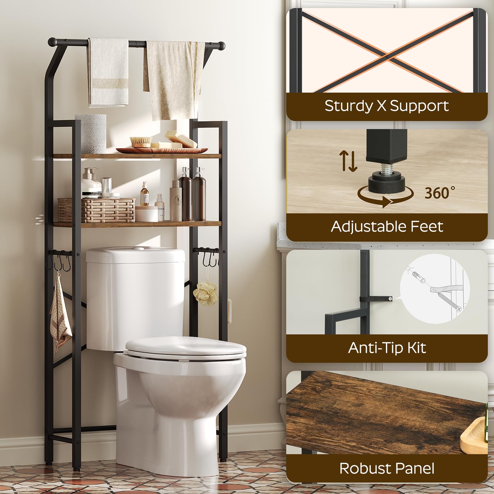 Over The Toilet Storage Shelf - 2-Tier Bathroom Organizer with Hooks | Space-Saving Vertical Toilet Shelf Rack in Rustic Brown & Black | Perfect for Small Bathrooms, Apartments & Powder Rooms (TR01BR)