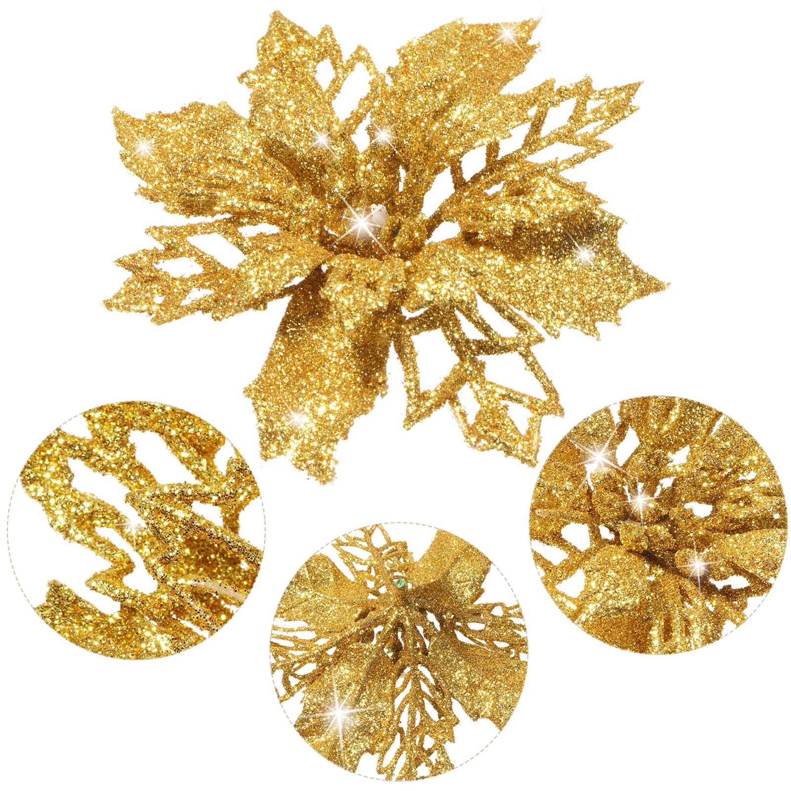 24-Piece Gold Glitter Artificial Poinsettia Flowers - Christmas Tree Decorations, Wedding Centerpieces, Holiday Party & New Year Ornaments for Festive Home Decor