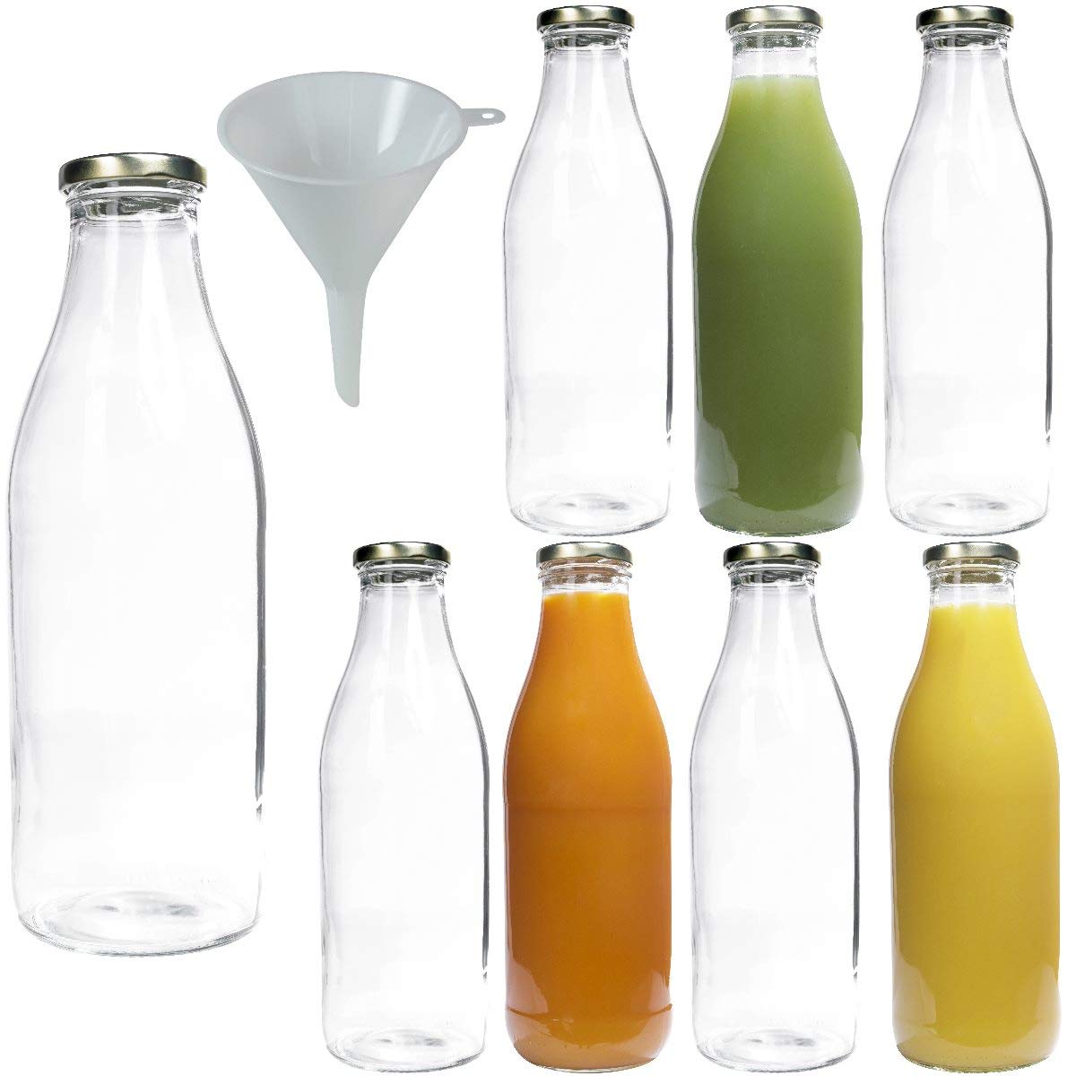 Viva Household Essentials Set of 8 Wide-Mouth Glass Bottles (1.0L) with Funnel - Perfect for Juice, Infused Water, DIY Beauty & Kitchen Storage