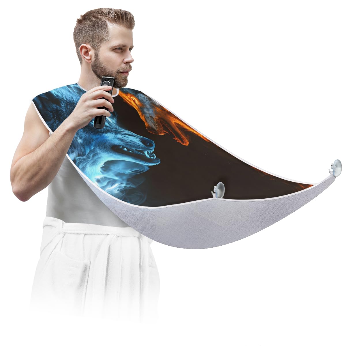 Cool Flame Wolf Beard Bib Hair Catcher for Men Shaving - Non-Stick Beard Apron & Grooming Cape with Suction Cups - Perfect Birthday Gift for Husband & Dad - Ideal for Home Barbering & DIY Grooming