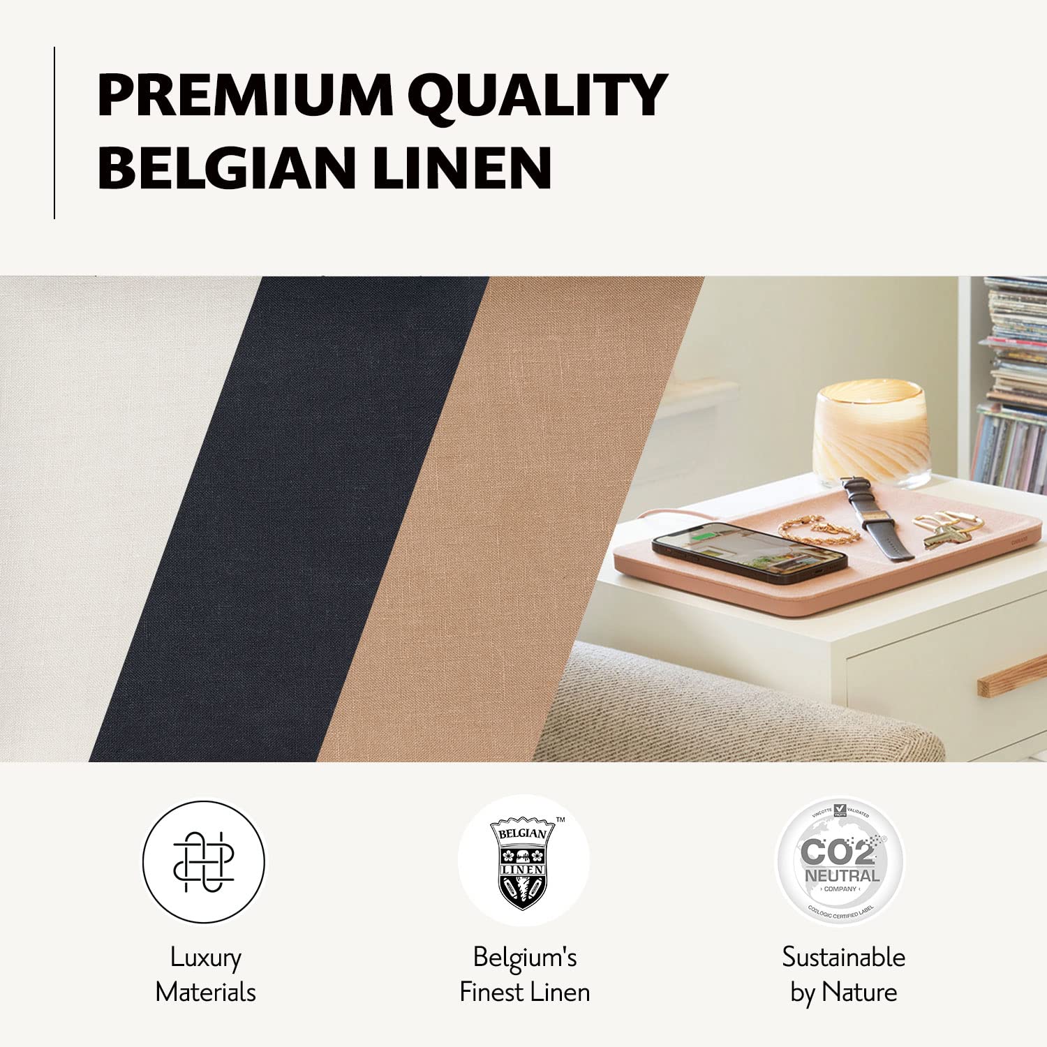 Courant Catch:3 Belgian Linen Wireless Charging Station & Valet Tray (Camel) - Fast Qi-Certified Charger for iPhone 16/15/14/13/12/11/X/SE, Galaxy S24/S23/S22/S21/S20/Note, AirPods Pro - Perfect for Nightstand, Office Desk, and Gift Giving