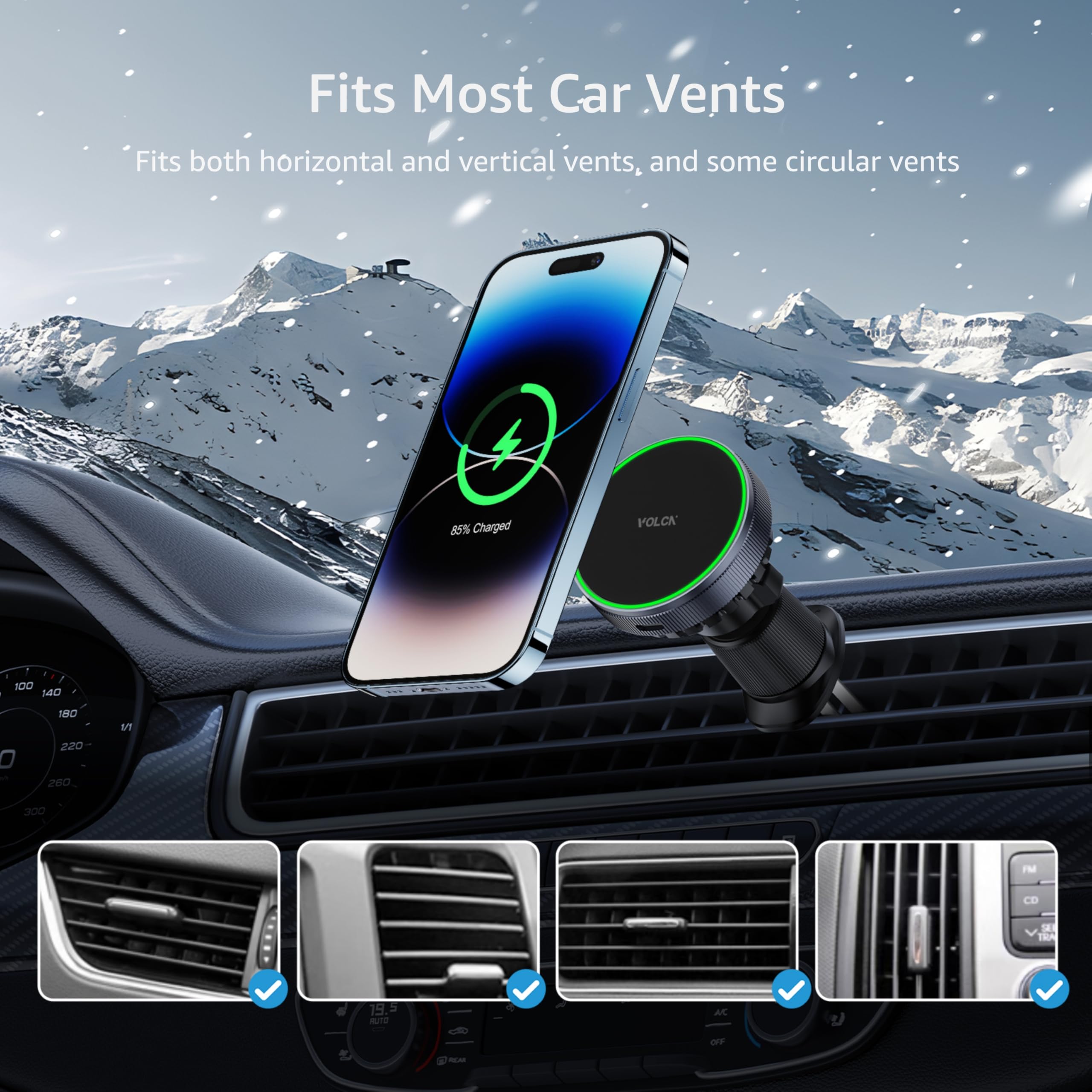 15W Fast Magnetic Wireless Car Charger - Magsafe Compatible iPhone 16/15/14/13 Charging Mount with Strong Magnets & Suction | Dashboard/Vent Phone Holder | Includes USB-C Cable & Adapter | Perfect for Commuting, Road Trips & Hands-Free Driving