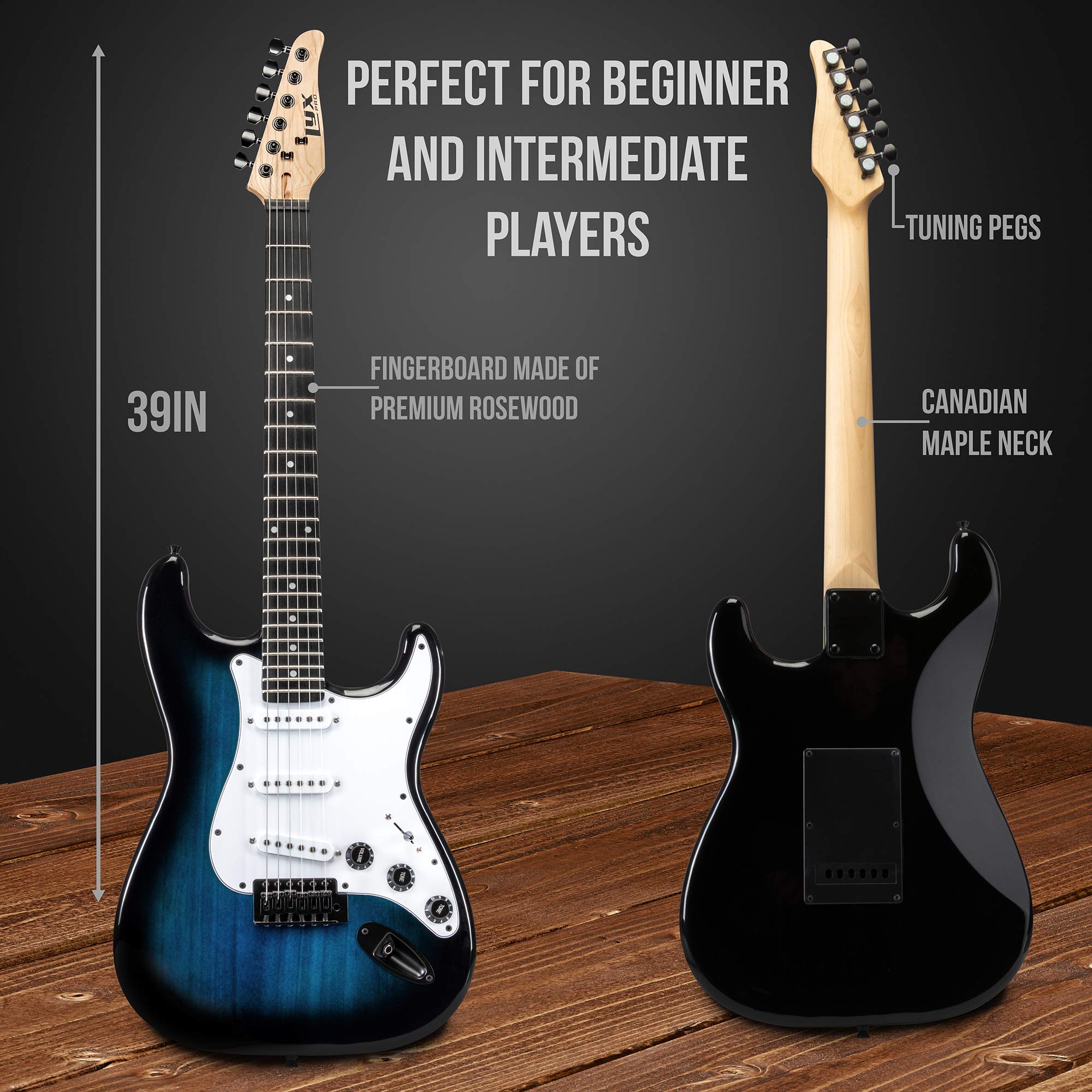 LyxPro 39 Inch Full Size Electric Guitar Starter Kit with 20W Amplifier, Digital Clip-On Tuner, Tremolo Bar, Shoulder Strap & Case Bag - Blue | Perfect for Beginners, Practice, Live Performances & Home Recording