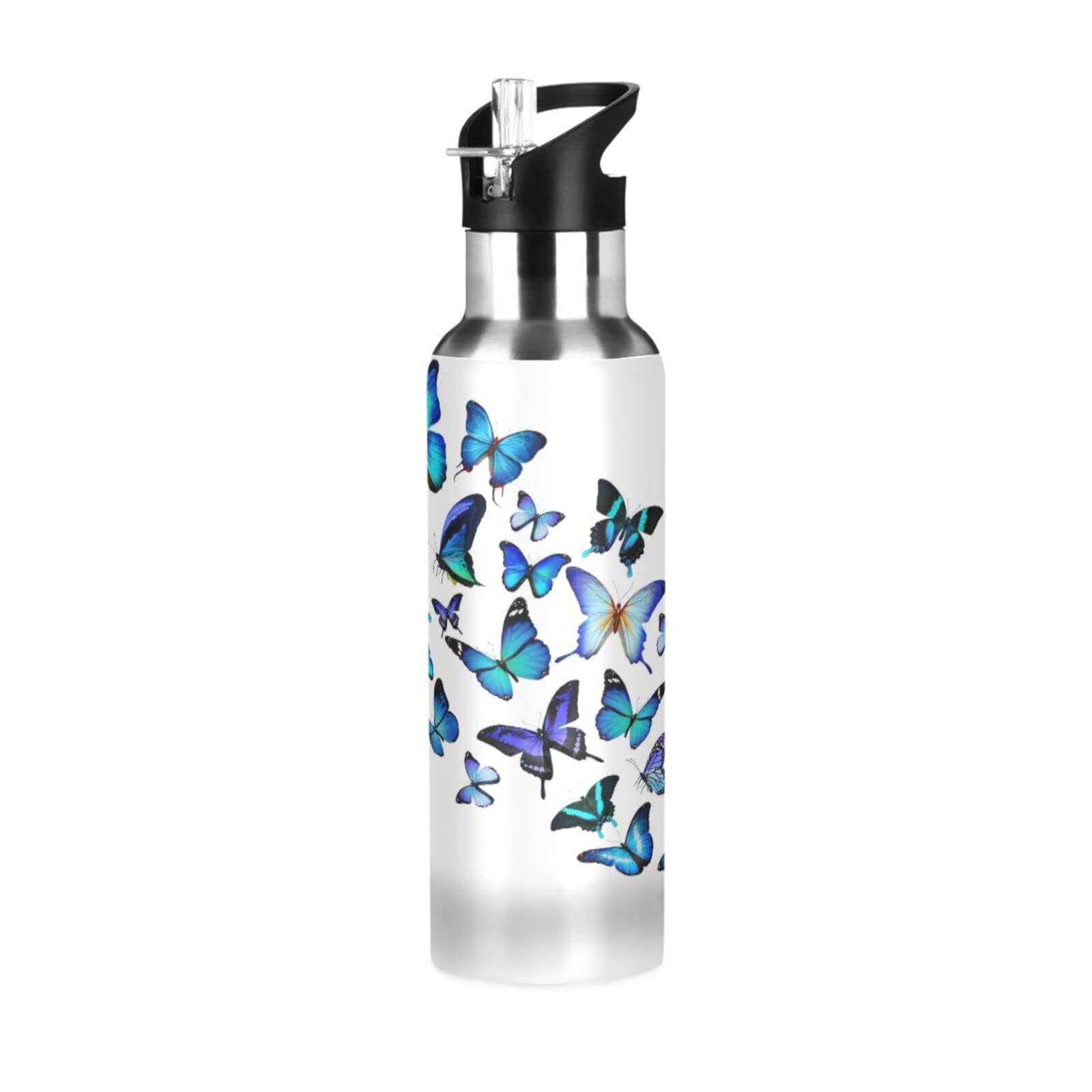 Kcldeci 20oz Blue Butterfly Stainless Steel Water Bottle - Leak Proof, Vacuum Insulated, Double Walled Thermo Mug for Hot & Cold Drinks - Perfect for Sports, Gym, Hiking, Travel & Outdoor Activities