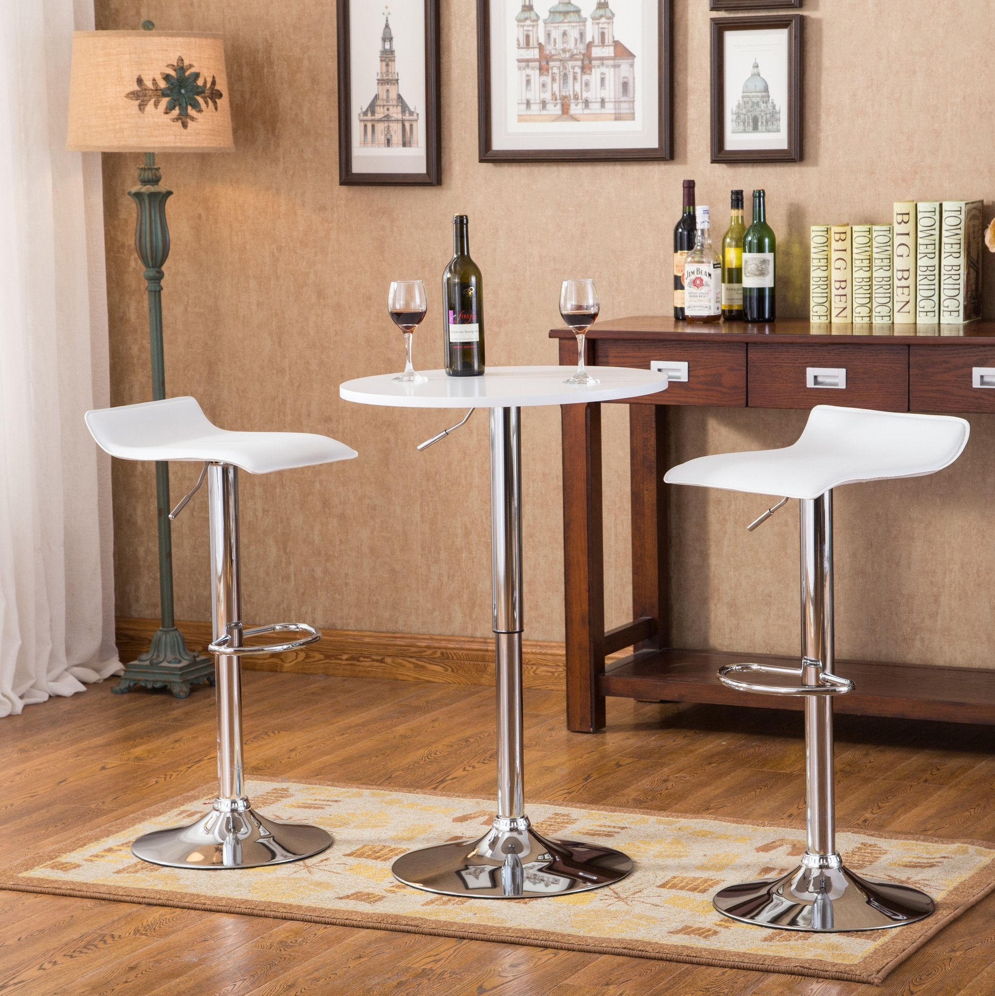 Baxton 3-Piece Adjustable Height White Bar Table Set - Modern Kitchen Island Stool Set for Dining, Entertaining & Small Spaces