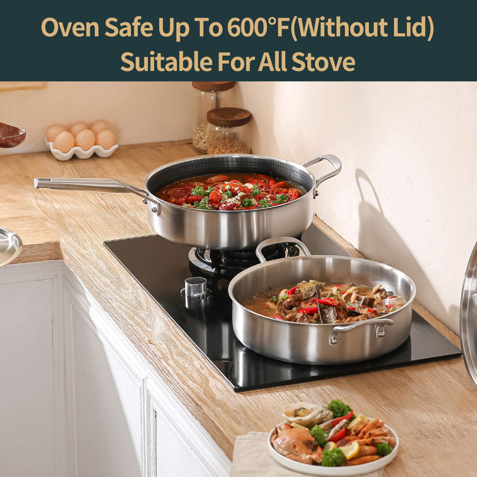 5 Quart Tri-Ply Hybrid Nonstick Stainless Steel Saute Pan with Lid - 12 Inch Deep Frying Pan & Rondeau Pot - Oven & All Cooktops Safe up to 600℉ - Perfect for Searing, Frying & Braising - Ideal for Home Chefs & Professional Kitchens