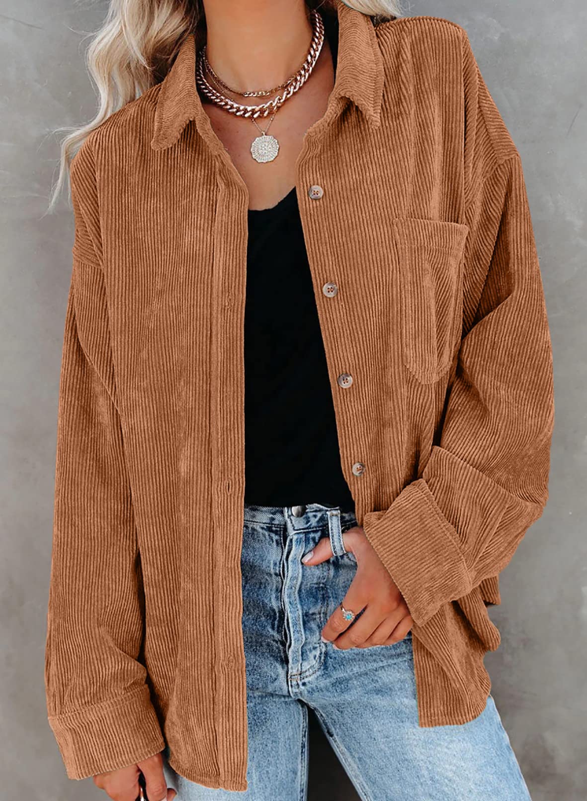 Dokotoo Women's Corduroy Button Down Shirt - Long Sleeve Oversized Boyfriend Blouse for Casual & Work Wear | Fall Winter Fashion Layering Top