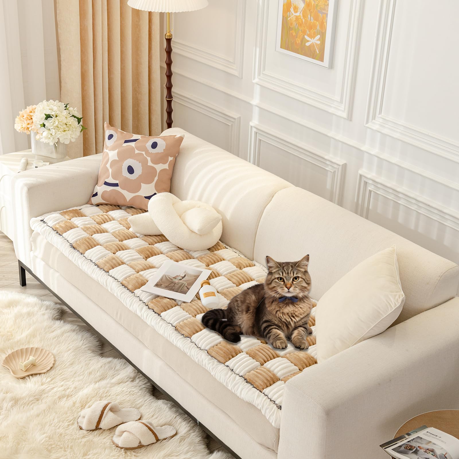 Washable Dog Couch Cover - Anti-Slip Sofa Protector for Pets, Light Brown (27.6x59