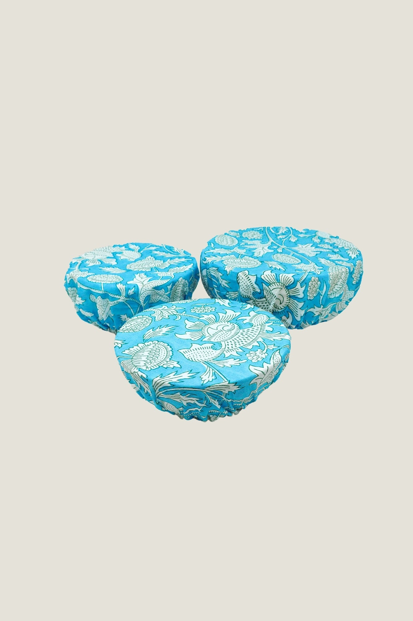Set of 3 Block Print Bowl Covers - Tea Rose Blue Cotton Fabric Food Covers for Kitchen, Dining, and Picnic Use