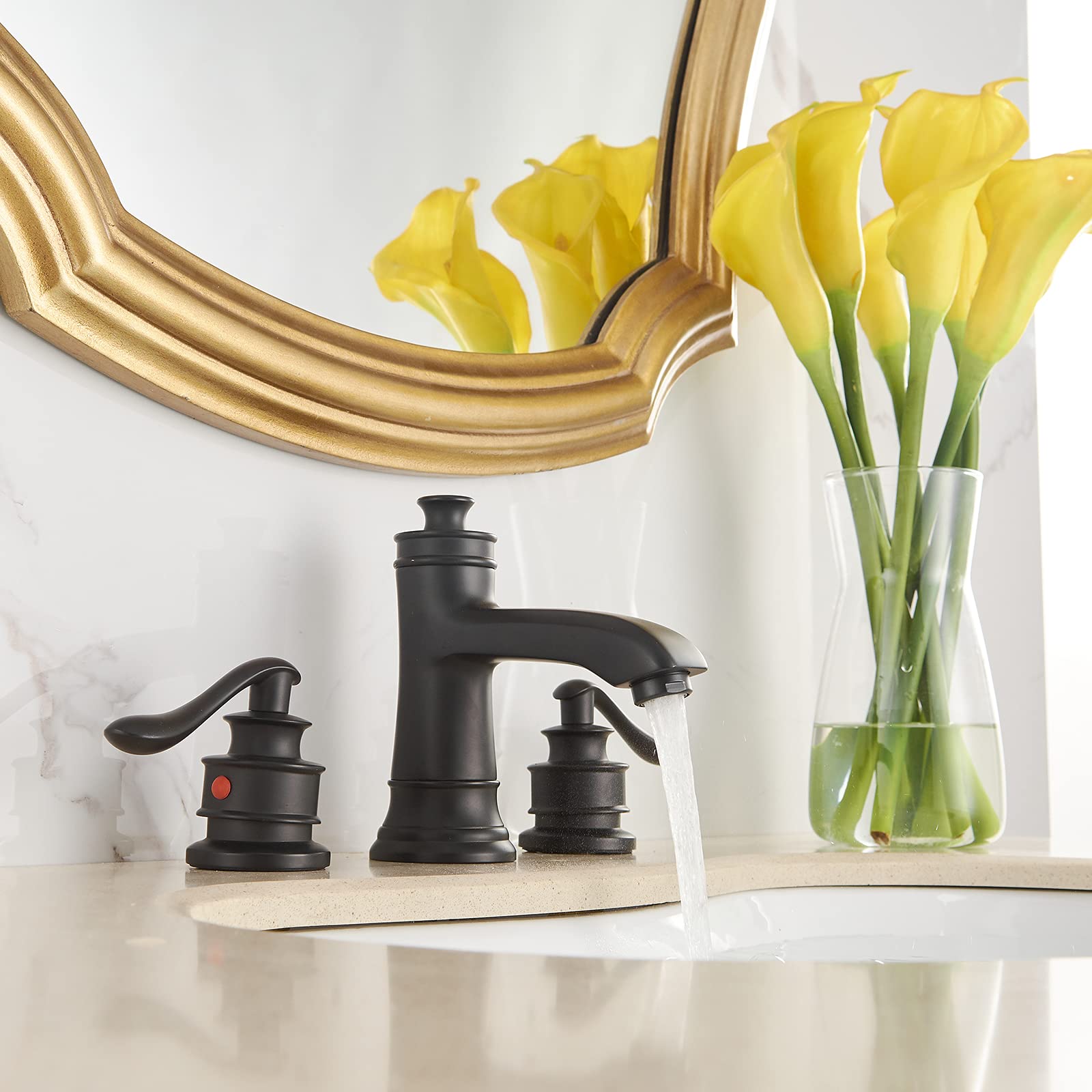 Matte Black 8 Inch Widespread Bathroom Faucet with Drain Assembly - 2 Handle 3 Hole Mixer Tap for Lavatory Sink - Includes Supply Hose - Perfect for Modern Bathroom Renovation & Powder Room Upgrades