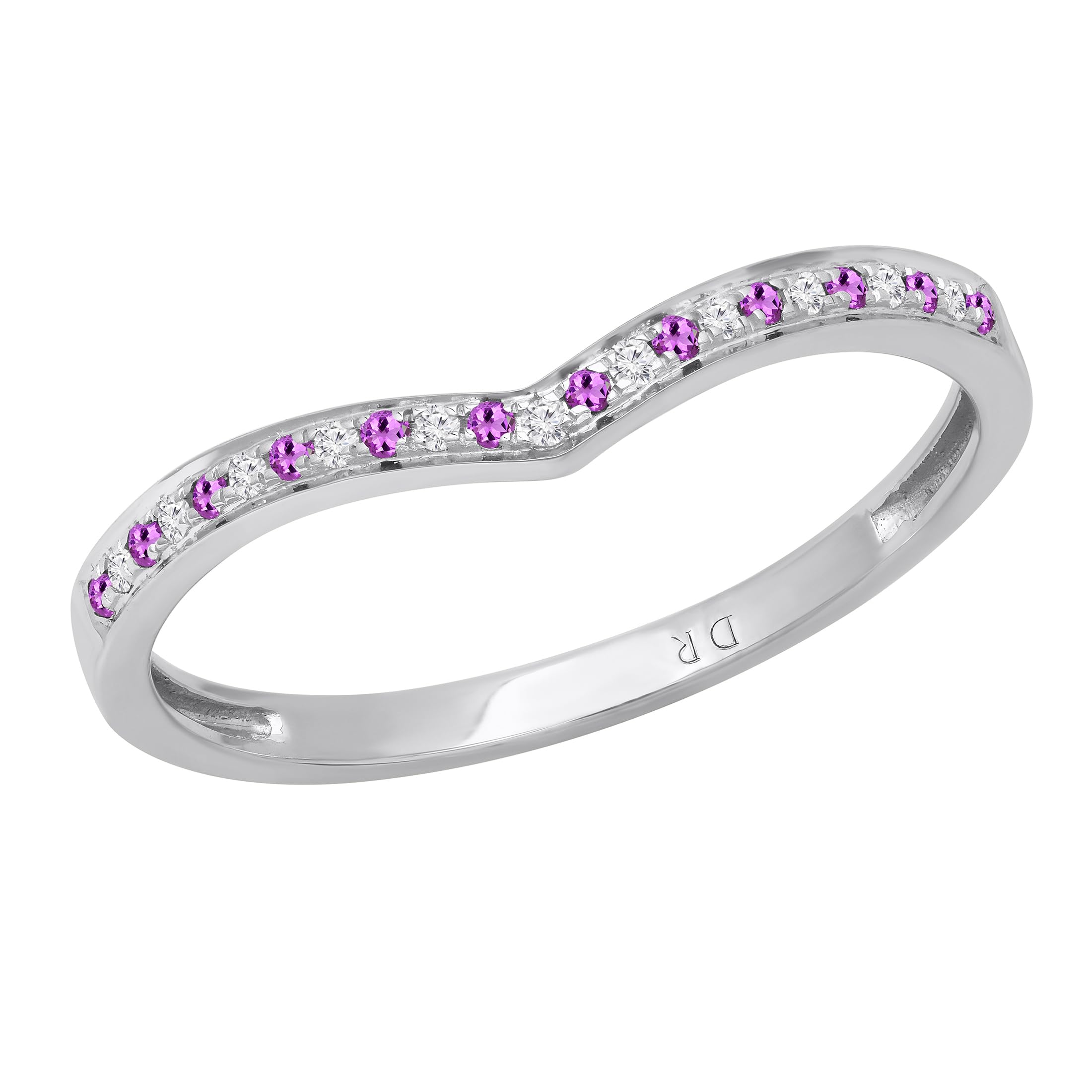 10K Solid White Gold Round Gemstone & Diamond Women's Bridal Wedding Band - Chevron Anniversary Ring for Her | Perfect for Engagement, Proposal, and Special Occasions