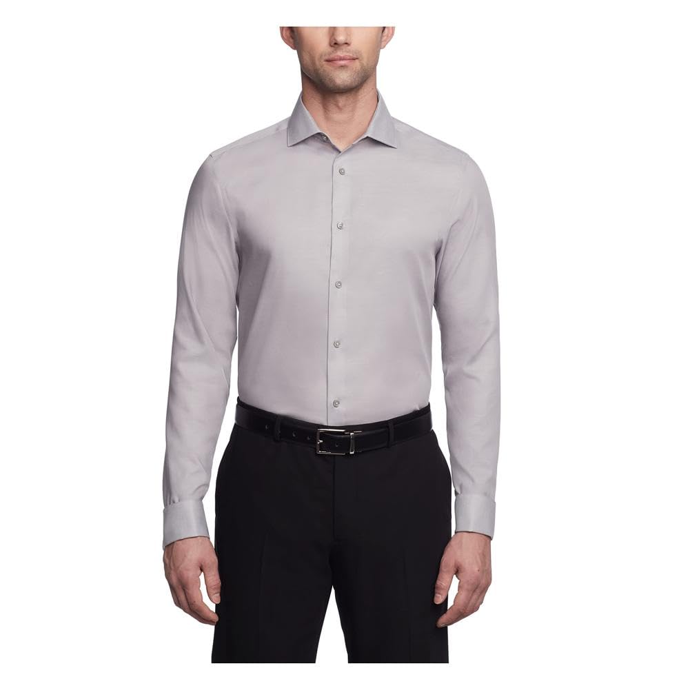 Calvin Klein Men's Non-Iron Slim Fit French Cuff Dress Shirt | Wrinkle-Free Business Shirt | Smoke Color | 17.5