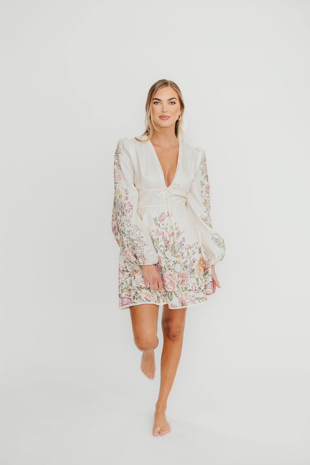Luciana Women's Long Sleeve Floral Mini Dress in Cream - Perfect for Casual Outings, Date Nights & Spring Weddings
