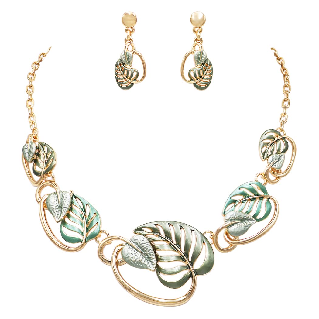 Rosemarie & Jubalee Women's 3D Leaf Statement Necklace and Earrings Set - Gold Enamel Jewelry with 16