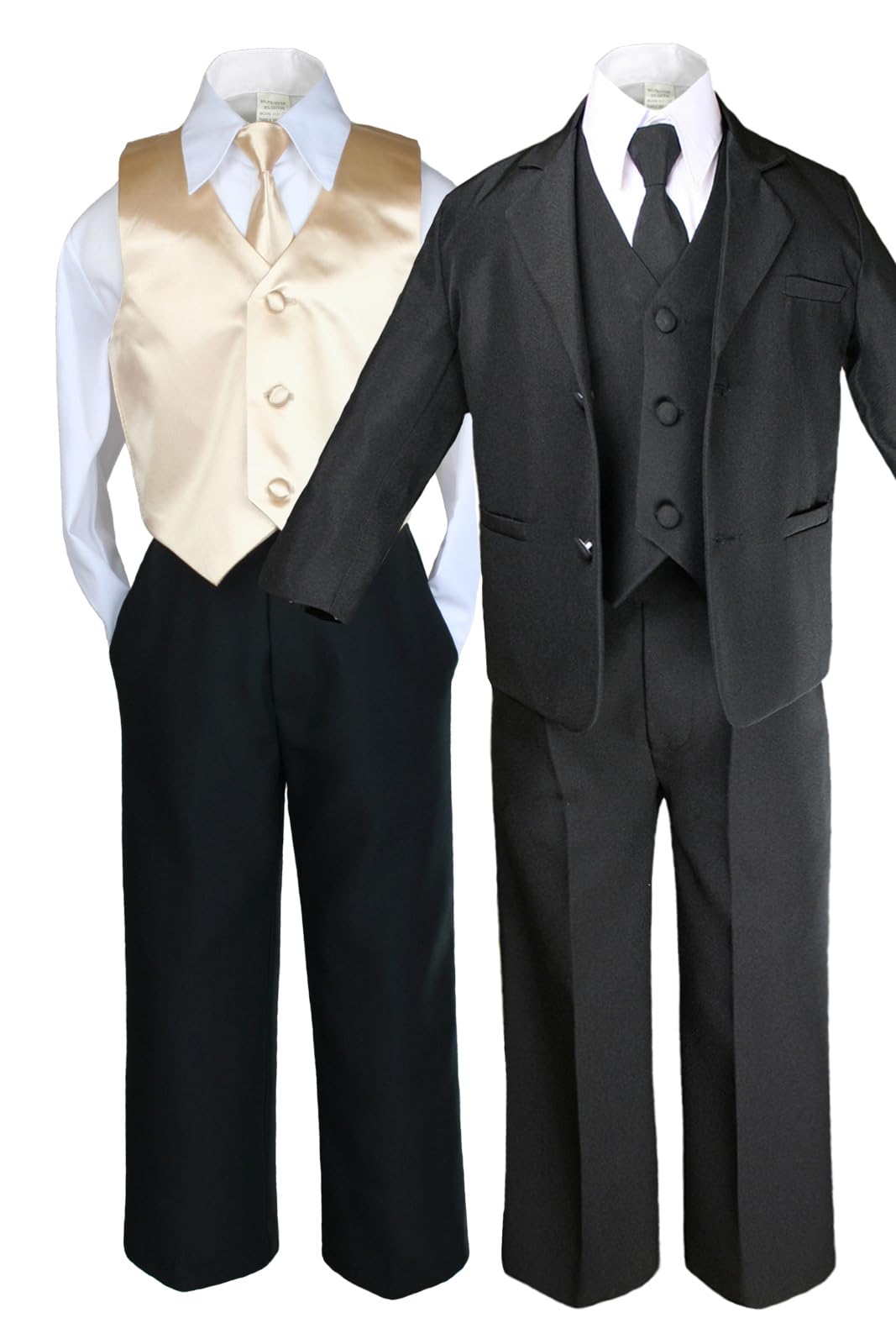 7-Piece Boys Black Suit Set with Satin Champagne Vest - Formal Attire for Baby to Teen - Perfect for Weddings, Parties & Special Occasions