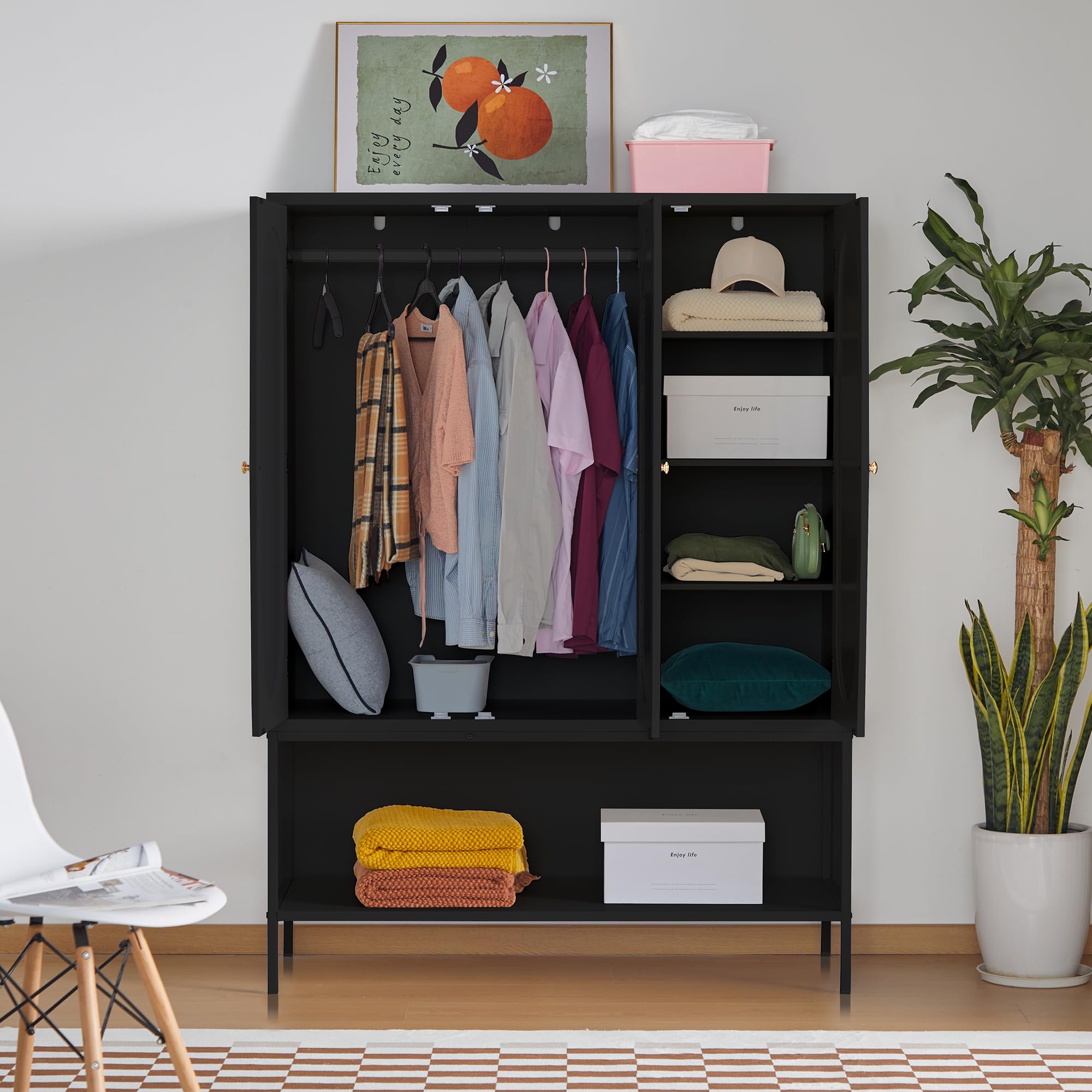 LEVNARY 3-Door Rattan Wardrobe Closet with Hanging Rail - Freestanding Large Capacity Storage Cabinet for Bedroom, Living Room & Dorm (Black) | Perfect for Organizing Clothes, Shoes & Accessories