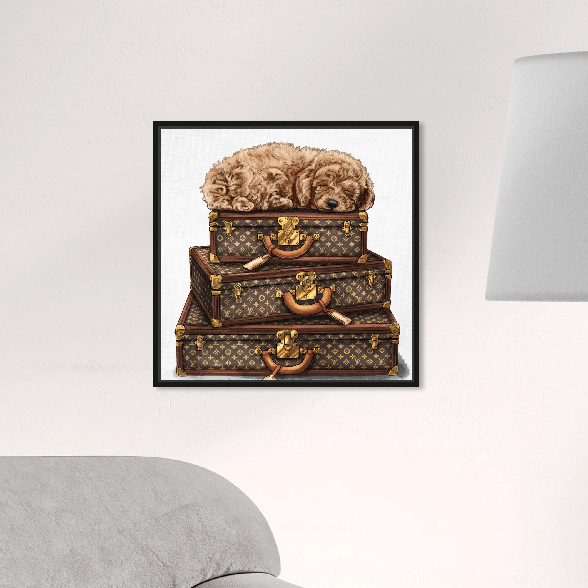 Oliver Gal Artist Co. 'Sleeping Poodle' Framed Wall Art - 16x16 Inch Brown & White Canvas Print for Home Décor | Fashion & Glam Travel Inspired Artwork | Perfect for Living Room, Bedroom or Office Decor