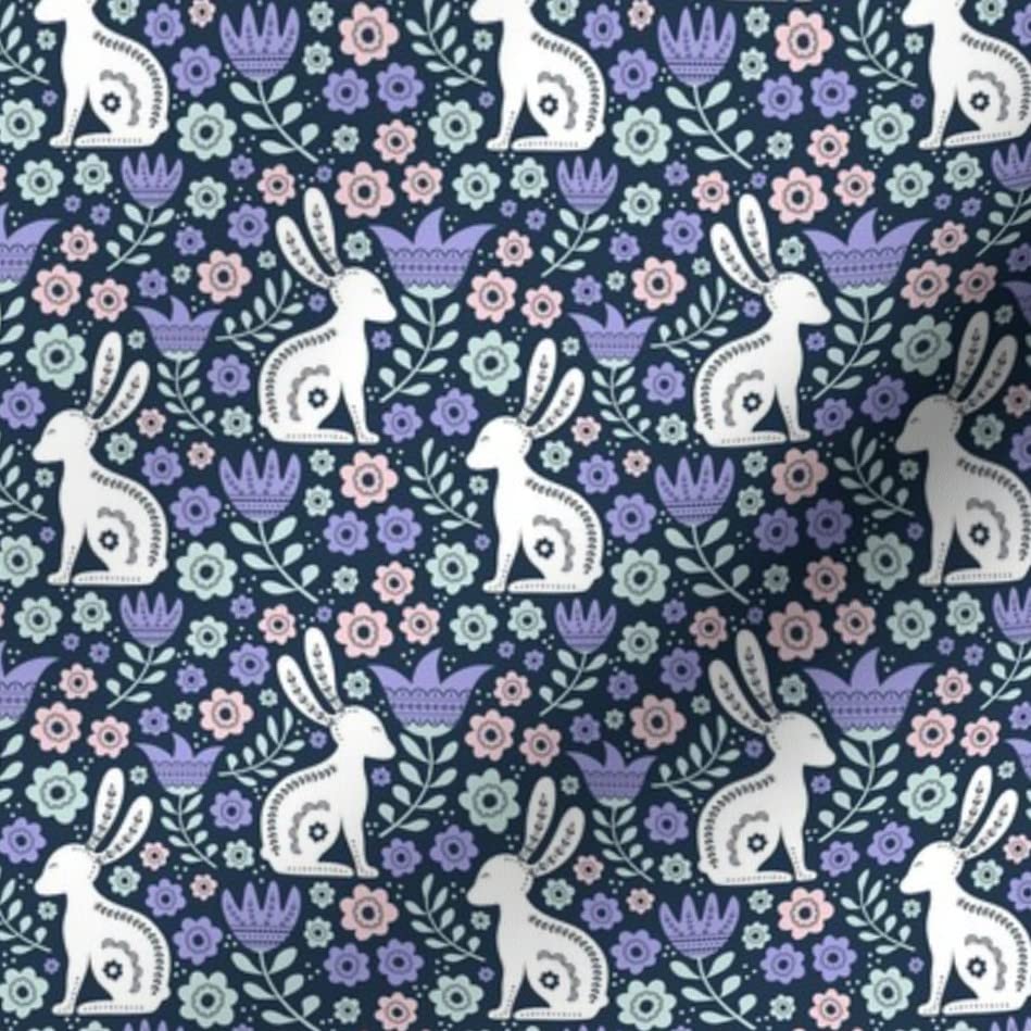 Easter Folk Bunny Rabbit Spring Scandi Floral Navy Printed Velvet Upholstery Fabric - Fat Quarter for Home Decor, Apparel & DIY Projects | Perfect for Easter Decorations, Throw Pillows & Spring Fashion