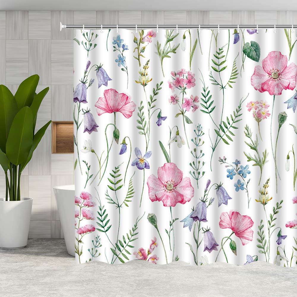 Floral Shower Curtain Set - Pink Flower Bathroom Decor with Hooks, Waterproof Polyester Fabric for Spring Home Decor | Perfect for Bathroom, Guest Room & Spa Style Makeover