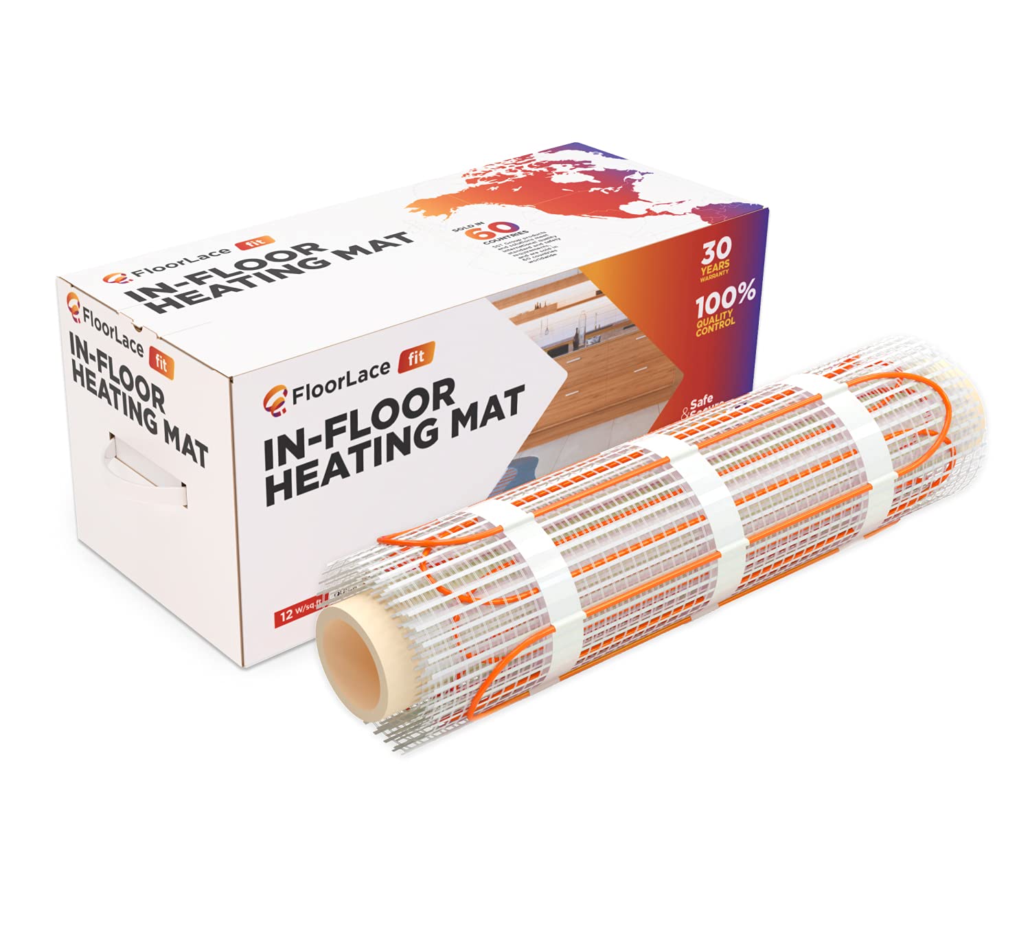 FloorLace FIT Electric Heated Floor Mat - 120V Radiant Heating Mat for Tile, Laminate & Stone Floors - Self-Adhesive Underfloor Heating System (30 SQFT) - Perfect for Bathroom, Kitchen & Basement Warmth