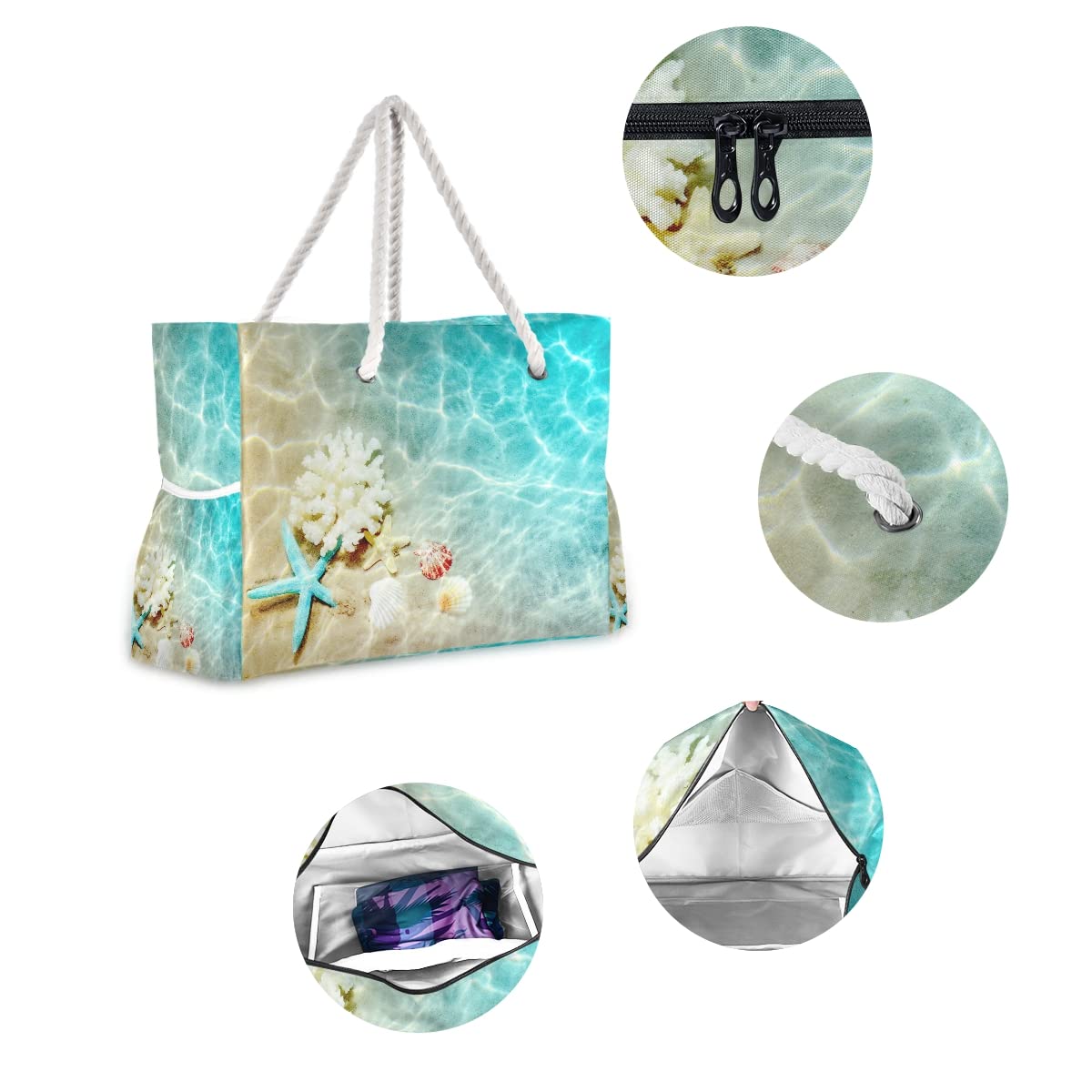 Stylish Large Beach Tote Bag with Seashell & Starfish Design - Durable Gym & Travel Shoulder Bag for Women | Perfect for Beach Trips, Shopping & Workout