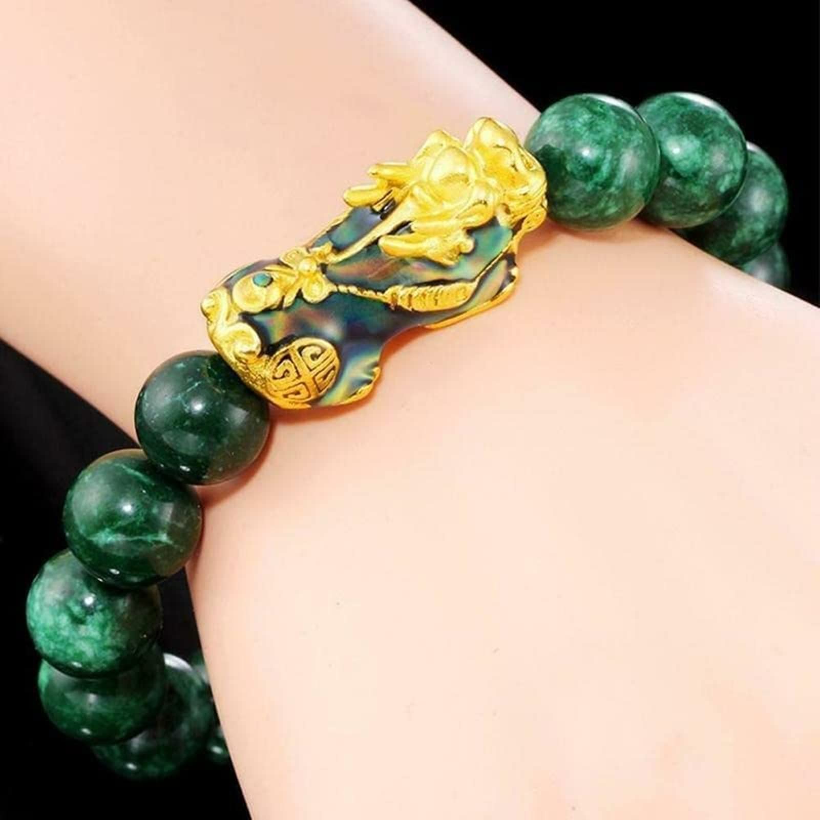 Feng Shui Bracelet for Wealth & Luck - Green Stone Beads Unisex Pixiu Bracelet with Gold Charm for Men & Women (Black/Green) - Perfect for Meditation, Gifts & Positive Energy