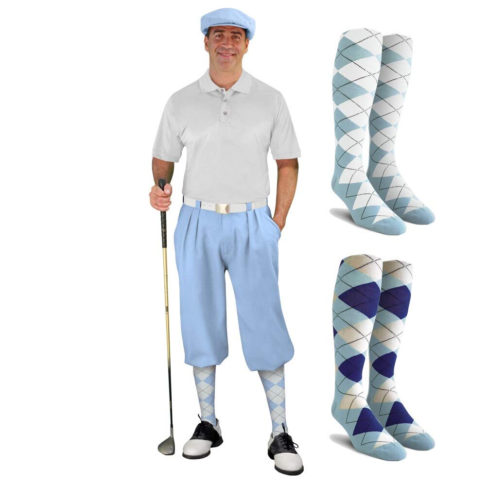 Men's Light Blue Golf Outfit Set - Matching Knickers, Cap & 2 Over-The-Calf Socks | Stylish Golf Attire for Men | Perfect for Golf Course, Country Club & Casual Wear