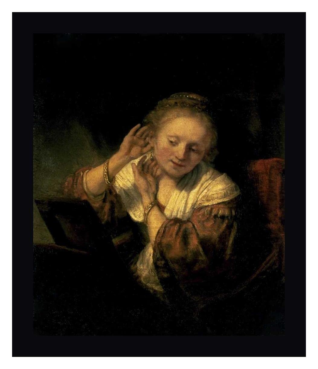 Rembrandt Young Woman Trying Earrings 1654 - 31x36 Inch Framed Canvas Art Print with Black Frame - Ready to Hang Wall Decor for Living Room, Bedroom or Office