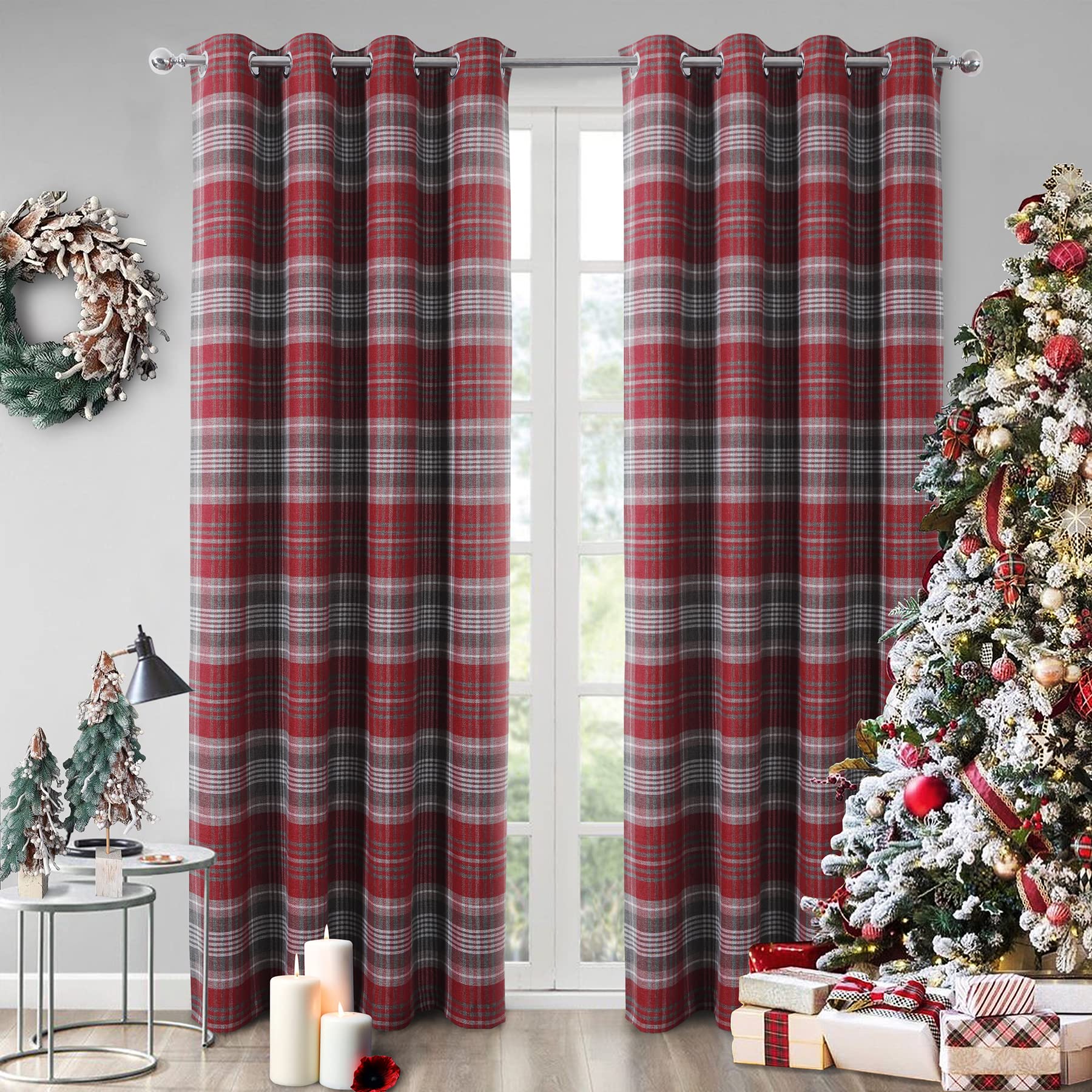 Always4u Red Plaid Grommet Curtains - Highland Woolen Look Tartan Drapes for Bedroom & Living Room - Checkered Grey & Red Window Panels (54x63 Inches) - Perfect for Cozy Winter Decor & Farmhouse Style Homes
