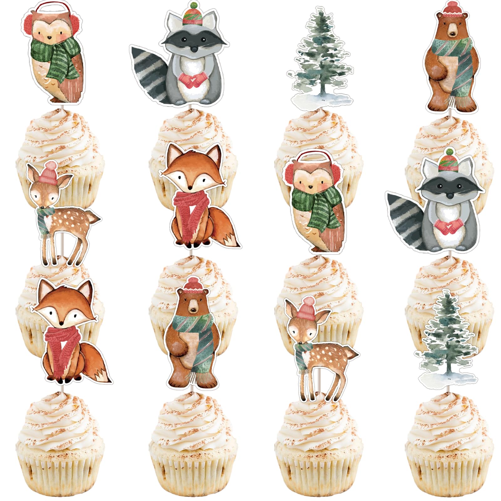 36PCS Winter Woodland Birthday Party Decorations - Baby Shower Cupcake Toppers, Woodland Creatures Theme Party Supplies for Christmas, Baby Shower, Winter Wonderland Theme Party Decor