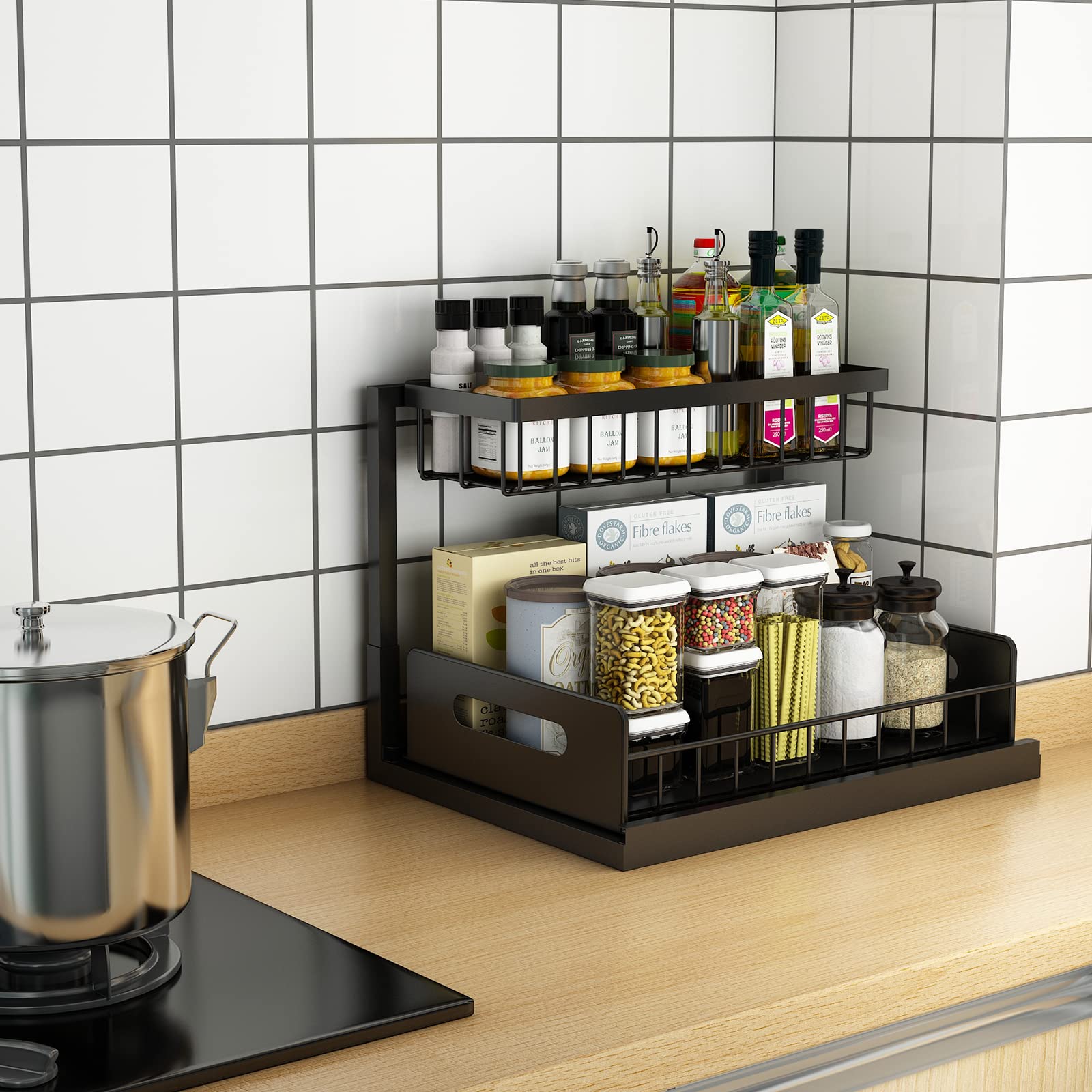 Under Sink Organizer with Sliding Drawer - 2 Tier Pull Out Cabinet Shelf for Kitchen & Bathroom Storage - Black Space Saving Solution (10.4