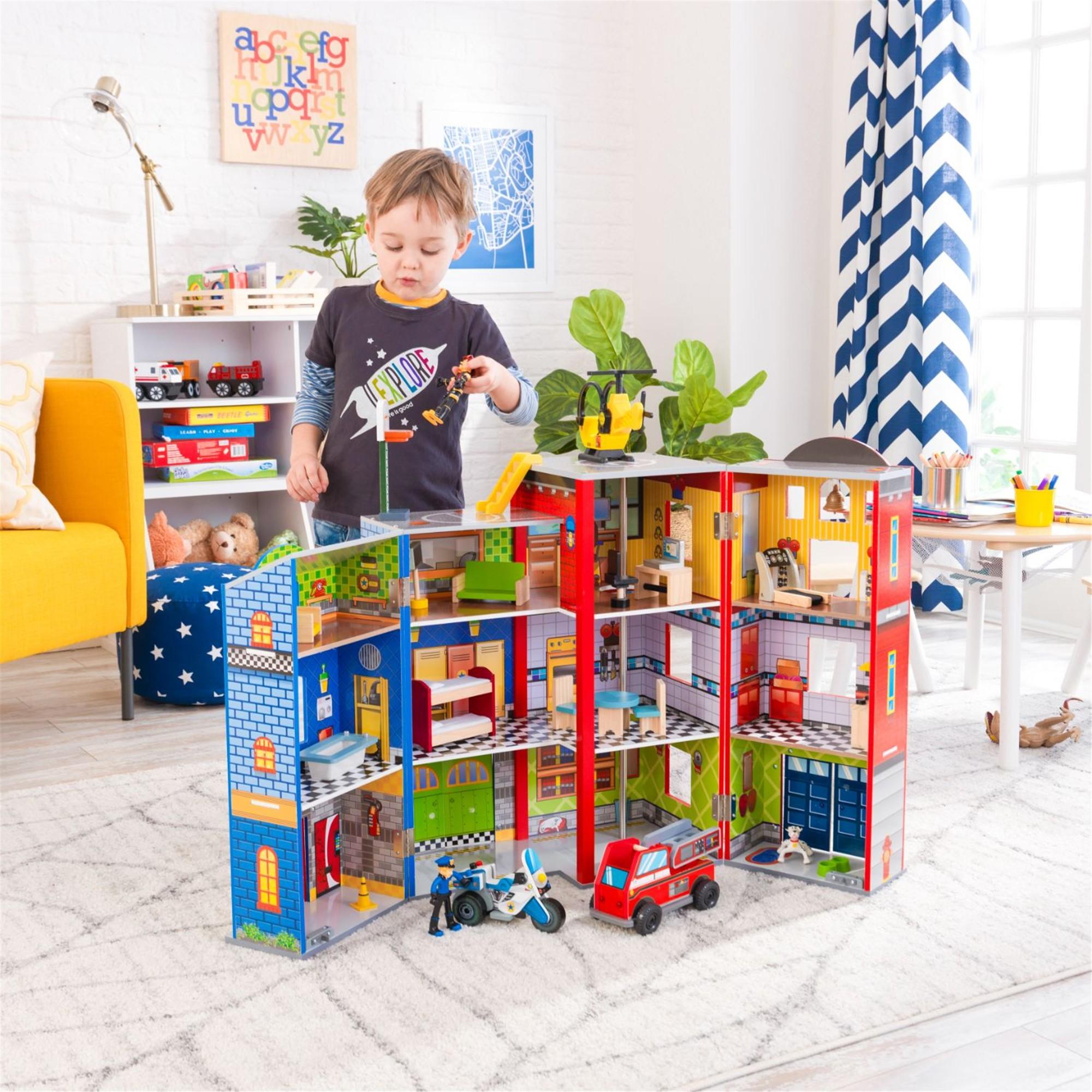 KidKraft Everyday Heroes Wooden Play Set - Firefighter & Police Pretend Play Toy for Kids Ages 3+ | Imaginative Role Play, Early Learning & Social Skills Development | Perfect for Birthday Gifts & Preschool Playtime