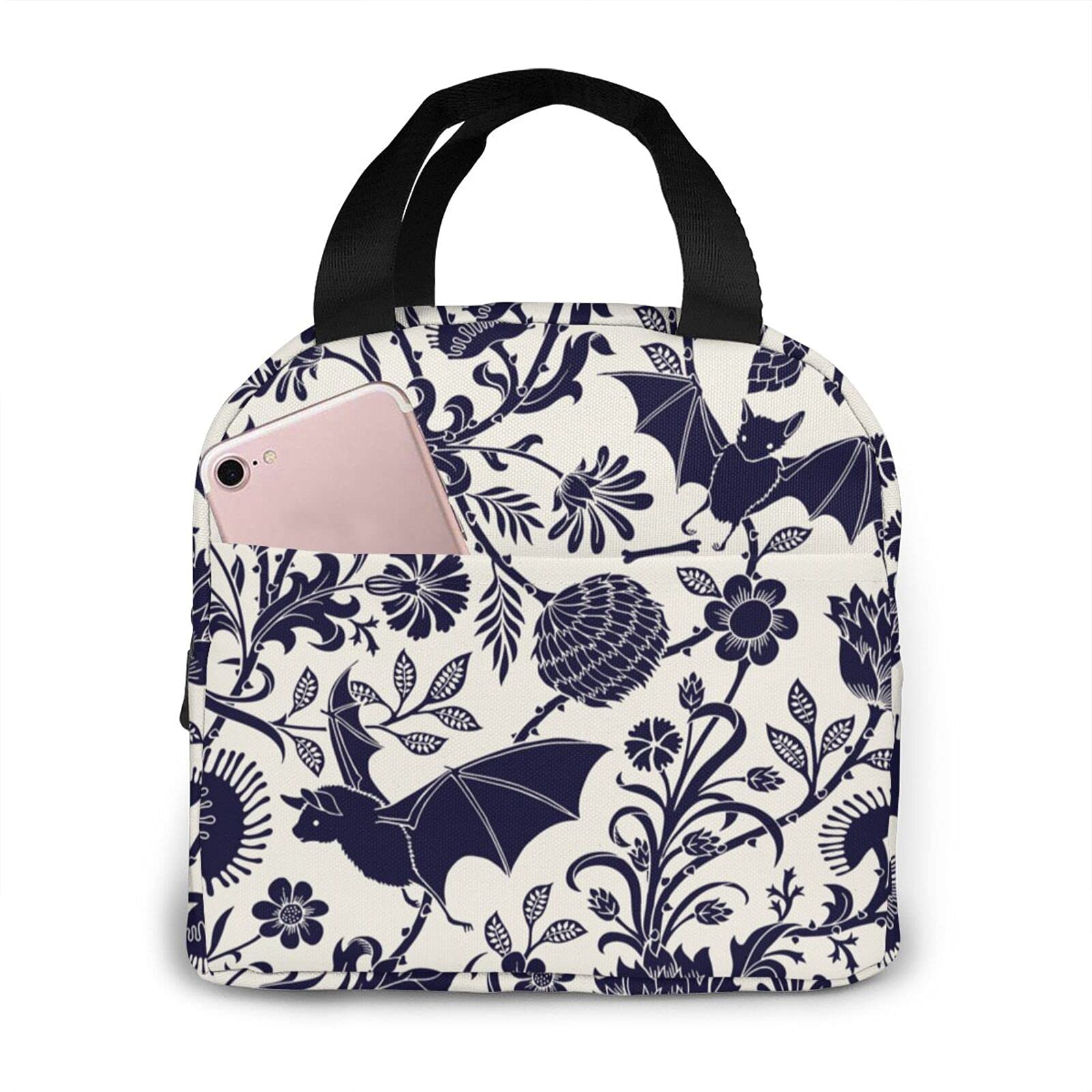 Halloween Bat Flower Insulated Lunch Bag for Women - Reusable Freezable Cooler Tote with Waterproof Container, Small Lunch Box for Work, Picnic & Outdoor Activities