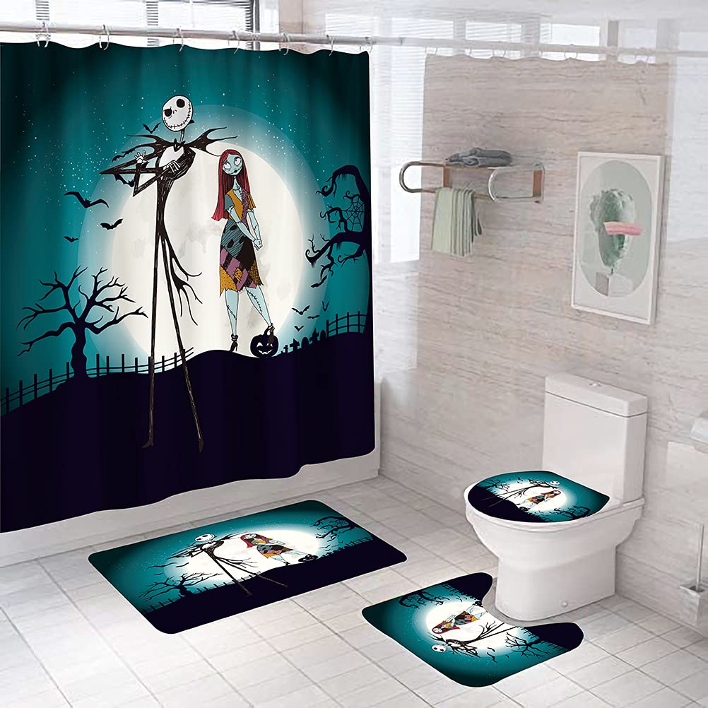 ADMLZQQ Jack Skellington Nightmare Before Christmas 4-Piece Shower Curtain Set - Includes Waterproof Bath Rug, Washable Toilet Cover & Non-Slip Bath Mat | Halloween & Christmas Bathroom Decor for Themed Parties & Gift Giving