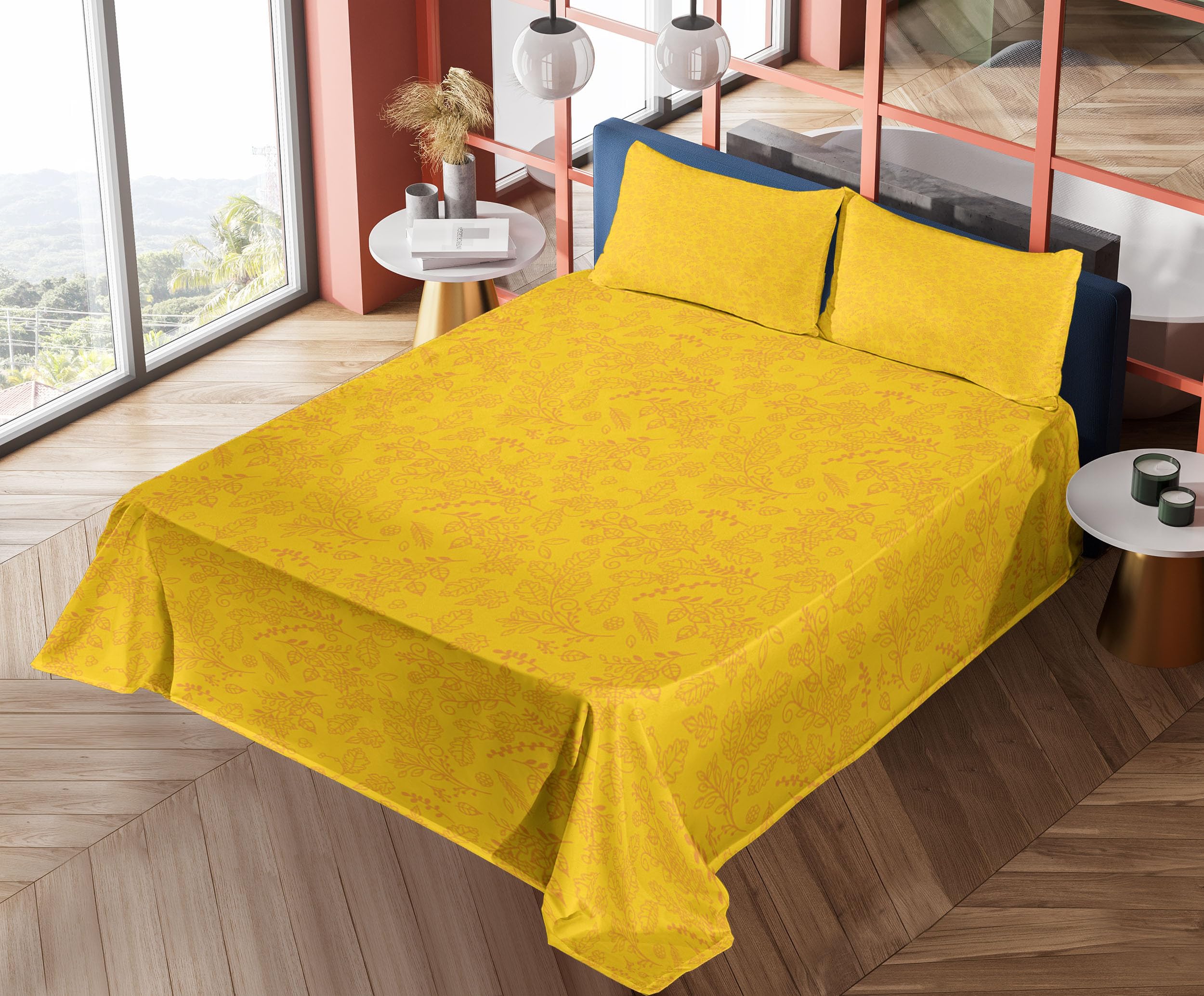 Ambesonne Floral King Sheet Set - 4 Piece Autumn Bay Leaf & Blueberry Pattern Bedding with Fitted Sheet, Flat Sheet & Pillowcases | Marigold Fall Decor for Cozy Seasonal Bedroom Styling