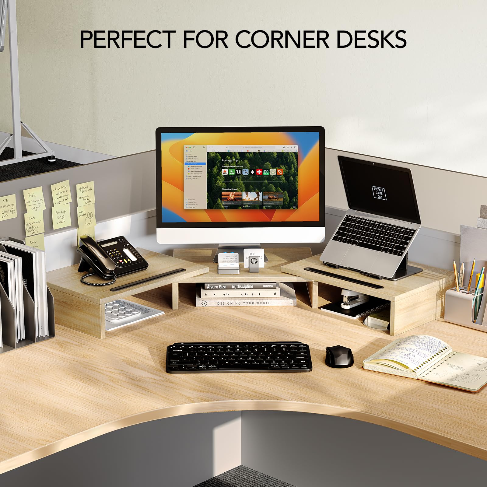 AMERIERGO Dual Monitor Stand Riser - Adjustable 3 Shelf Computer Desk Organizer with Extra Slots for PC, Laptop, Home & Office Workspace (Light Wood) - Perfect for Ergonomic Setup and Clutter-Free Workspace