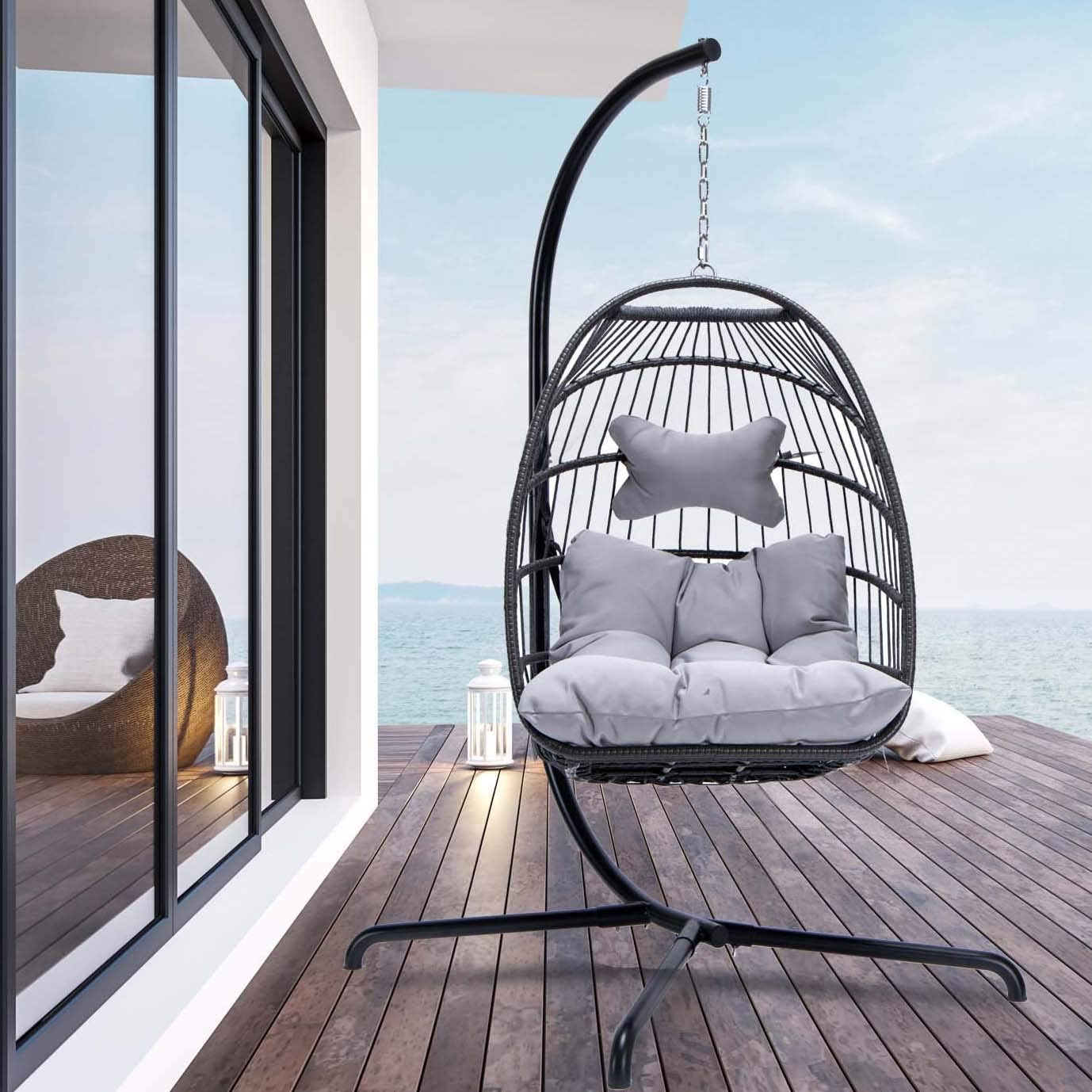 NICESOUL Outdoor Indoor Swing Egg Chair with Stand - Wicker Hanging Hammock with Padded Cushions, 350lbs Capacity Egg-Shaped Seat for Patio, Porch, Bedroom, Balcony - Perfect for Relaxation, Reading & Christmas Gifts (Grey)