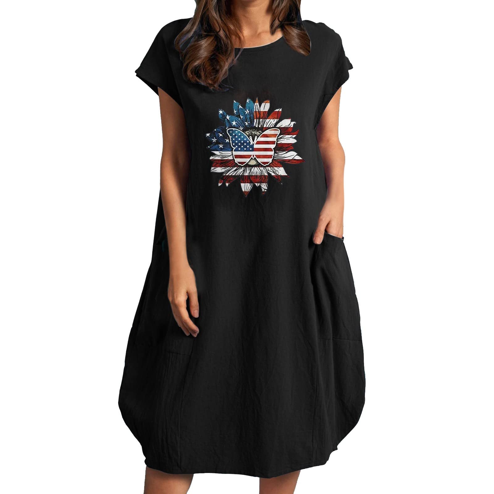 Twoker Women's Floral Sunflower Printed Loose Fit Short Sleeve Summer Dress - Round Neck Casual Sundress for Beach, Vacation & Everyday Wear
