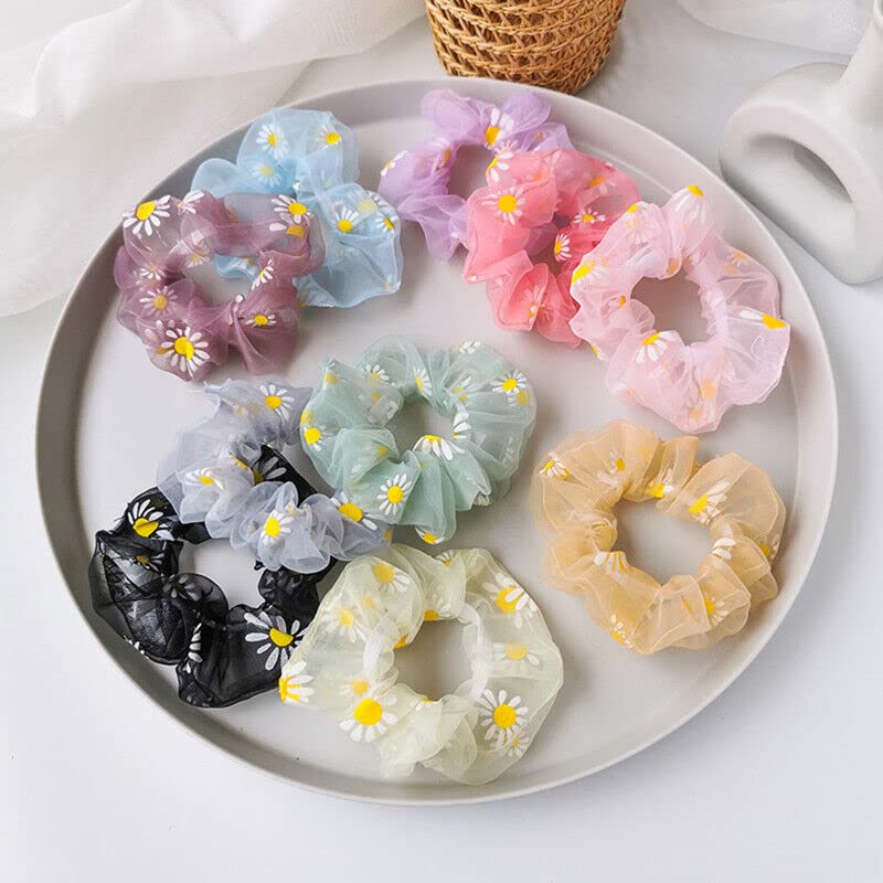Elegant Organza Daisy Print Hair Scrunchie - Soft Elastic Hair Ties for Girls & Women - Perfect for School, Work, and Everyday Styling