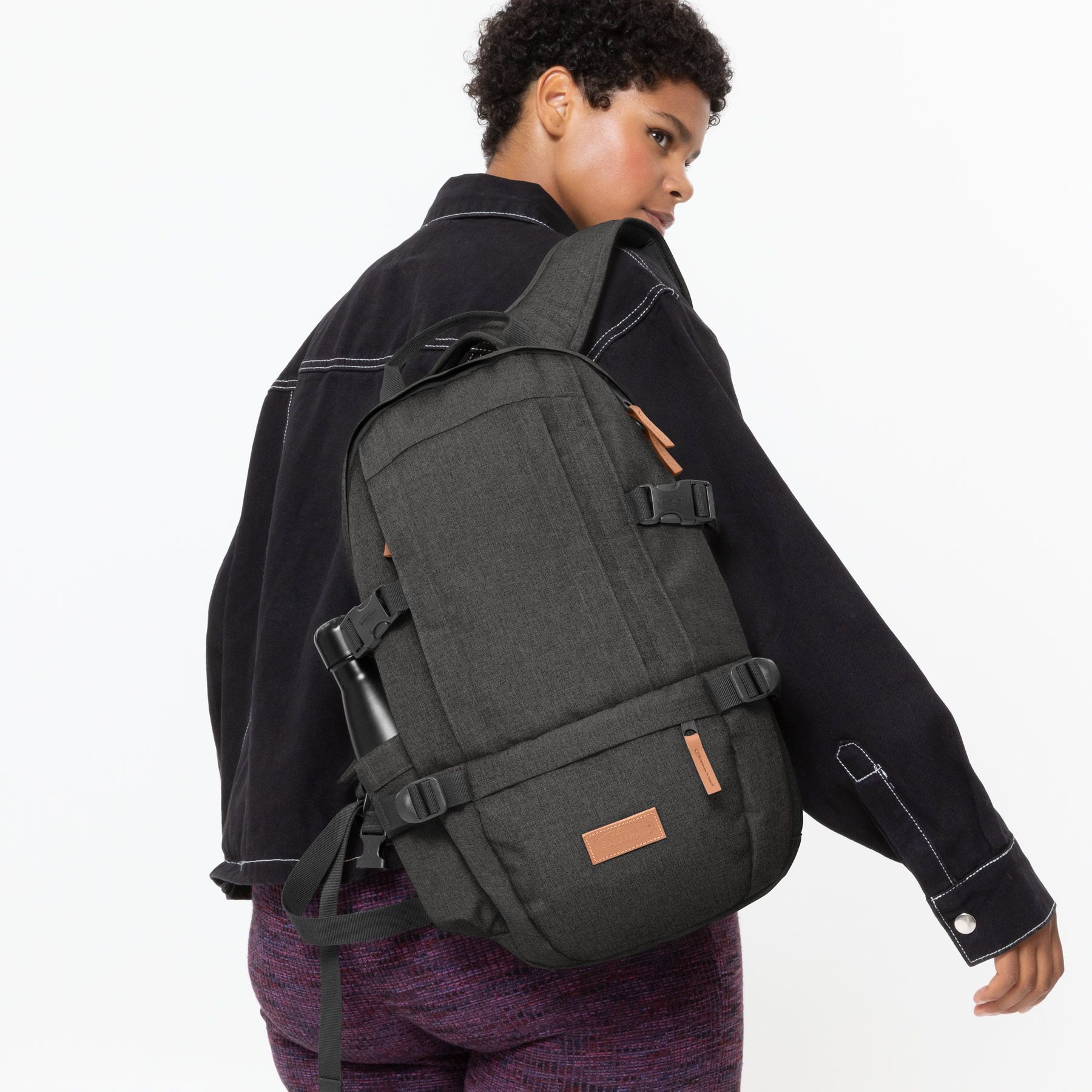 Eastpak Floid CS Backpack - Stylish Black Denim Laptop Bag for School, College & Travel | Durable 17-Inch Laptop Backpack with USB Charging Port