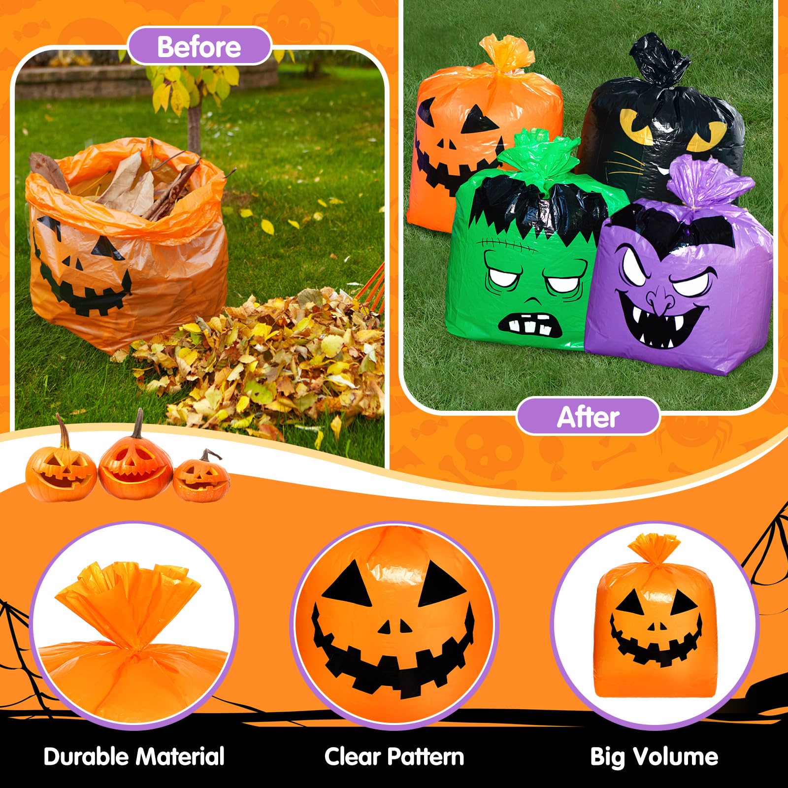 Qilery 4-Pack Extra Large Halloween Pumpkin Leaf Bags - Heavy Duty Reusable Plastic Lawn & Yard Waste Bags with Twist Ties | Fall Decor, Garden Cleanup, Outdoor Party Supplies & Trick-or-Treat Goodie Bags for Halloween Celebrations
