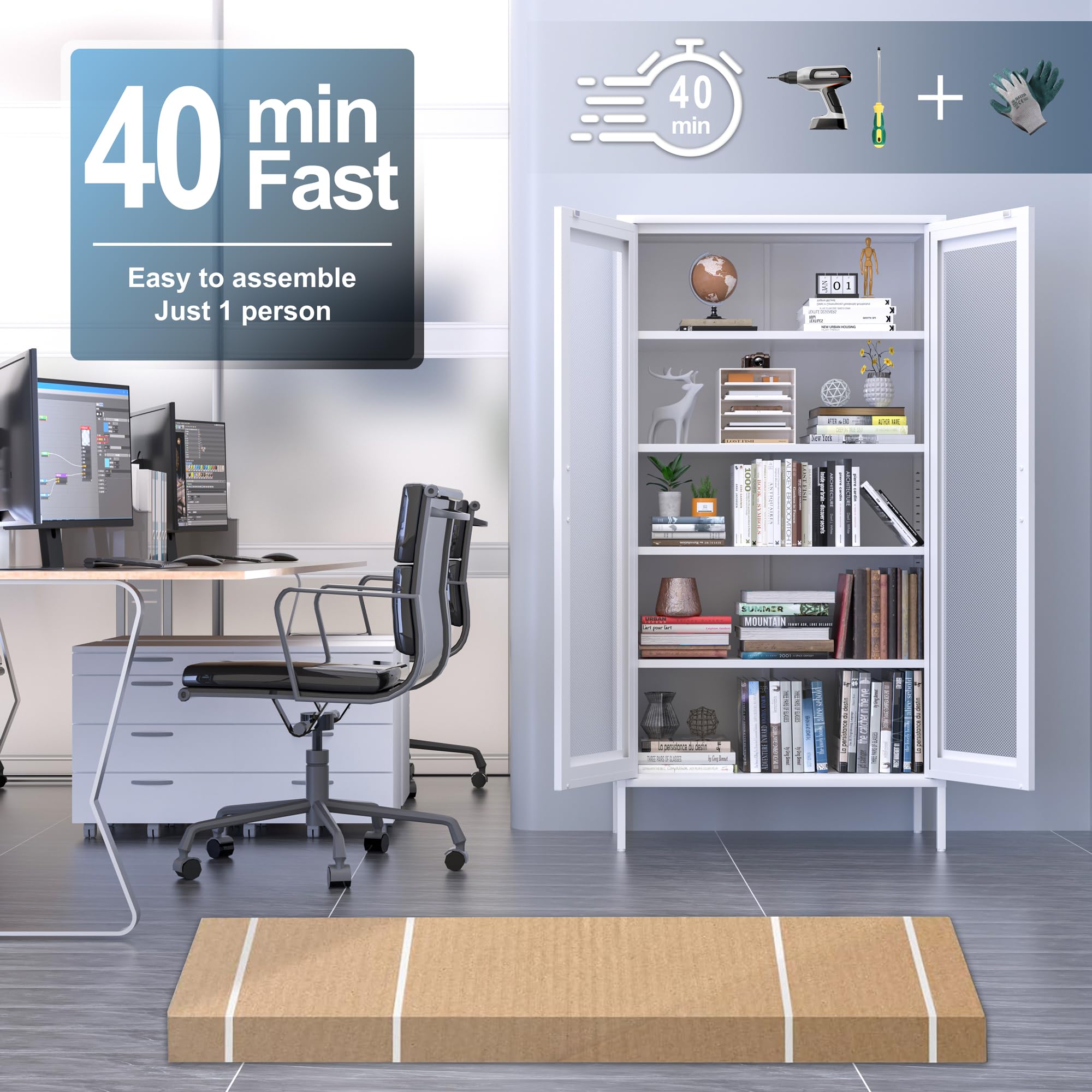 Metal Storage Cabinet with Ventilated Mesh Doors - Modern Display & Kitchen Storage Cabinet for Home Office, Garage, Gym - Durable & Sleek Organization Solution for Tools, Supplies & Equipment