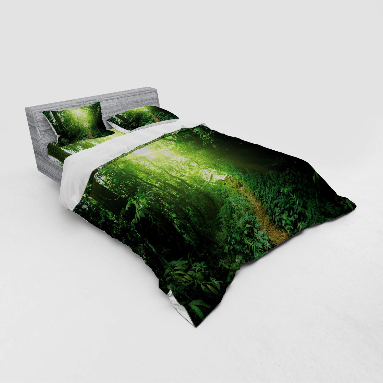Ambesonne Jungle Rainforest Bedding Set - 4 Piece Duvet Cover with Shams & Fitted Sheet, Queen Size, Green Tropical Landscape Design - Perfect for Nature-Themed Bedrooms & Eco-Friendly Home Decor