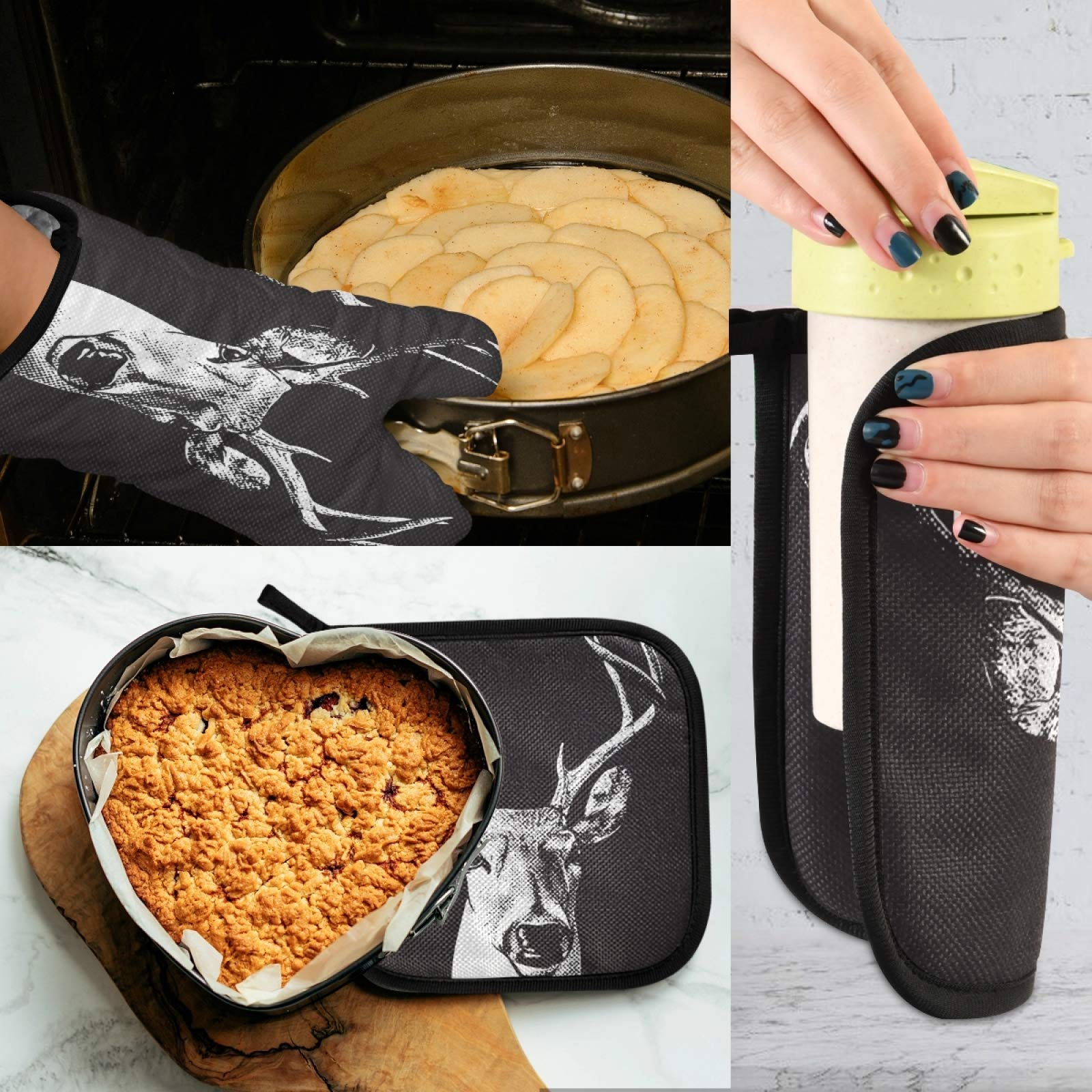 Heat Resistant Elk Art Quilted Oven Mitt & Pot Holder Set - Deer Painting Kitchen Gloves for Cooking, Baking, Grilling - Machine Washable Hot Pads for Christmas Gifts & Holiday Cooking
