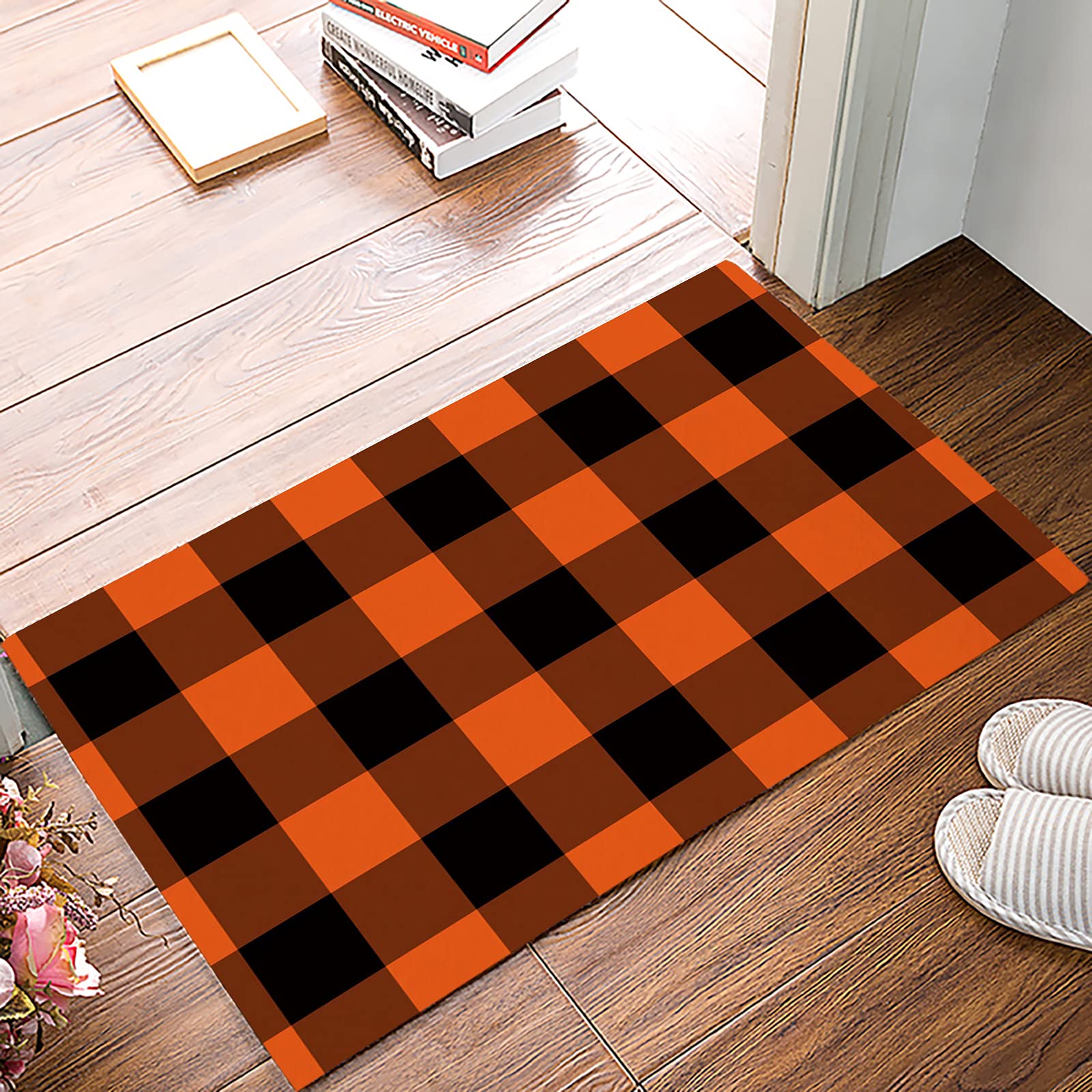 Buffalo Check Plaid Doormat - Non-Slip Indoor/Outdoor Welcome Mat for Front Door - Rustic Orange & Black Halloween Decor - Soft Low Profile Floor Mat (20