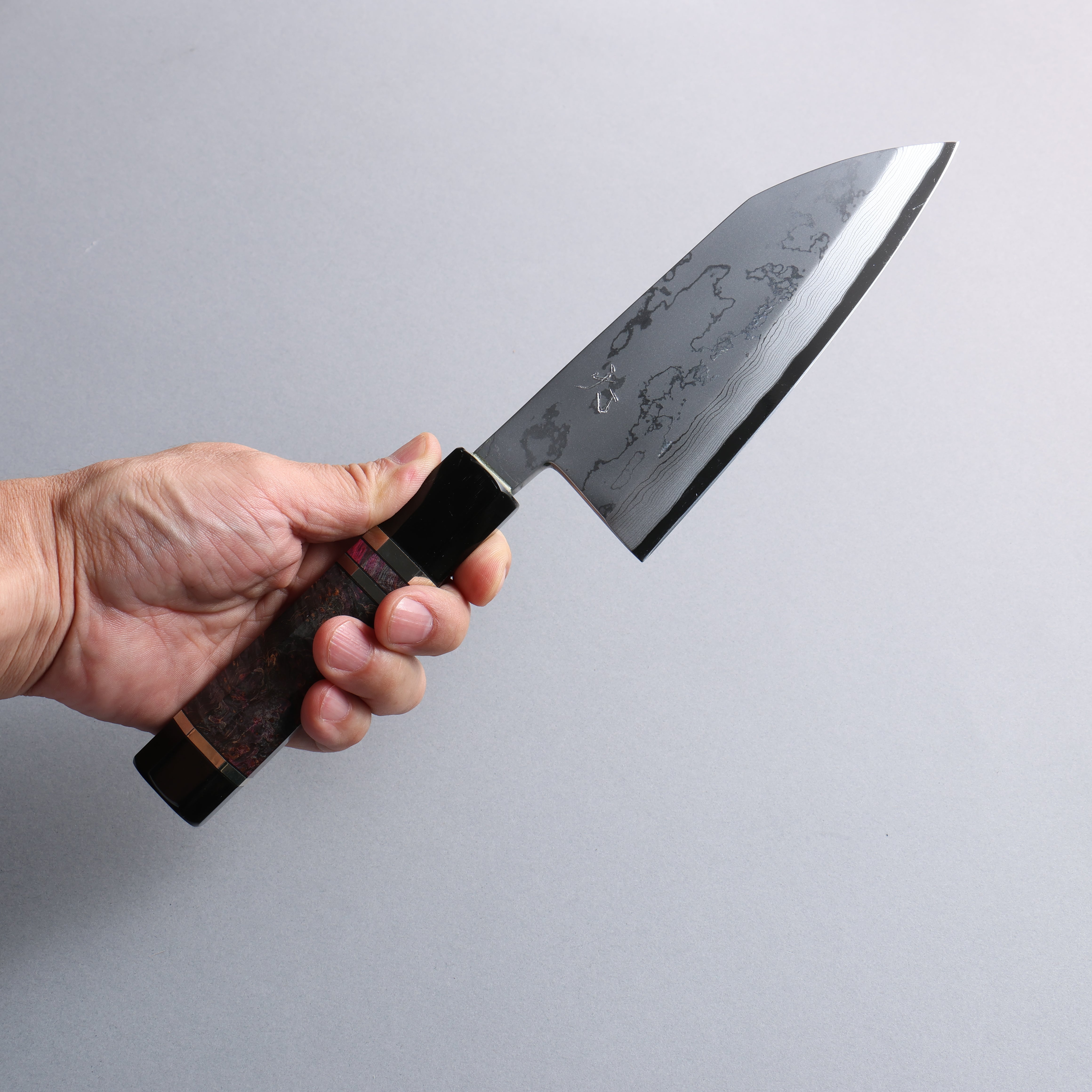 Premium Daisuke Nishida Blue Steel No.2 Damascus Deba Knife 150mm - Handcrafted Japanese Kitchen Knife with Stabilized Burl Handle, Silver Rings & Water Buffalo Horn Ferrules - Perfect for Sushi, Fish Filleting & Professional Chefs