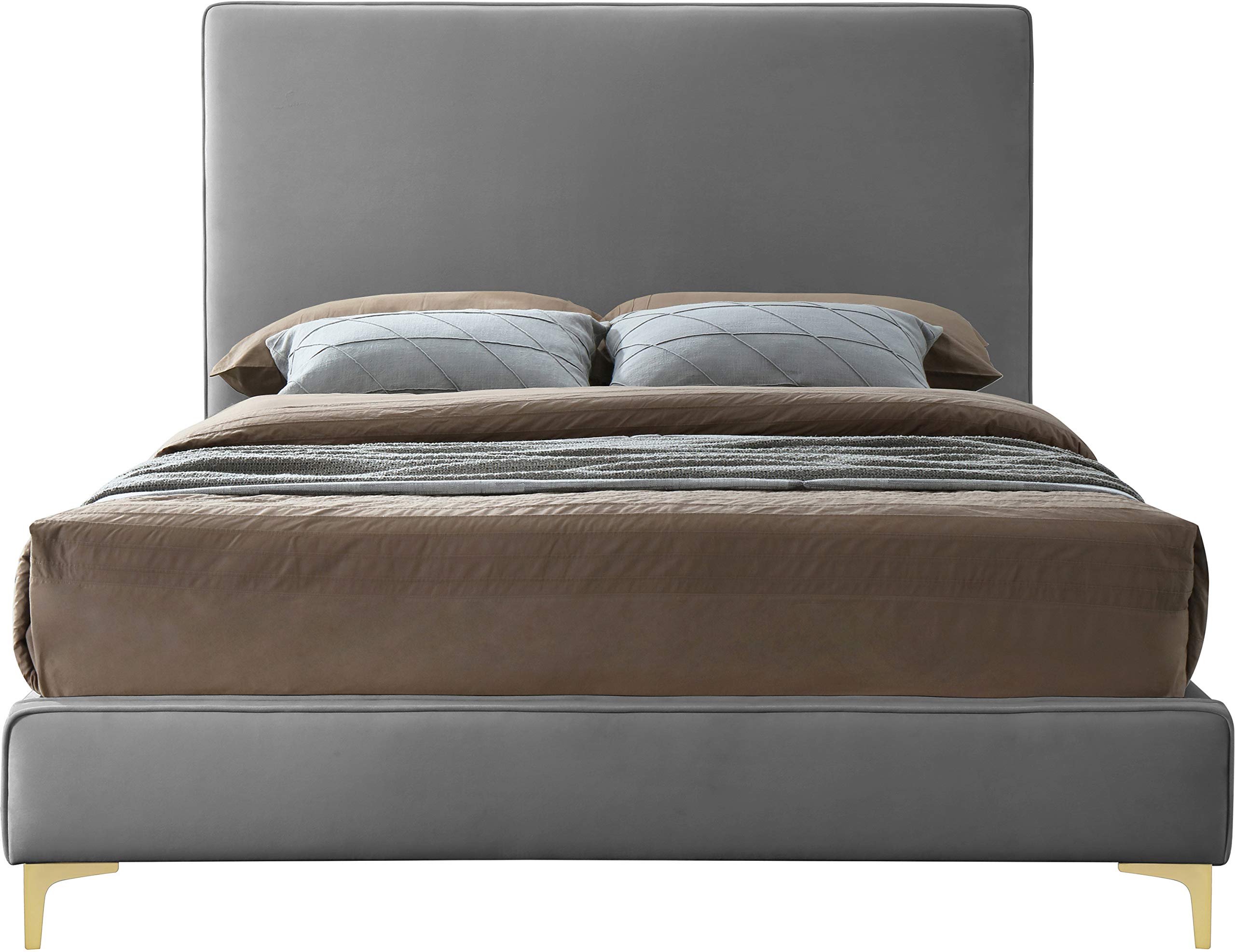 Modern Velvet Upholstered Bed with Gold/Chrome Finish - Full Size Grey Platform Bed with Tufted Headboard | Contemporary Bedroom Furniture for Master Bedroom, Guest Room & Apartment